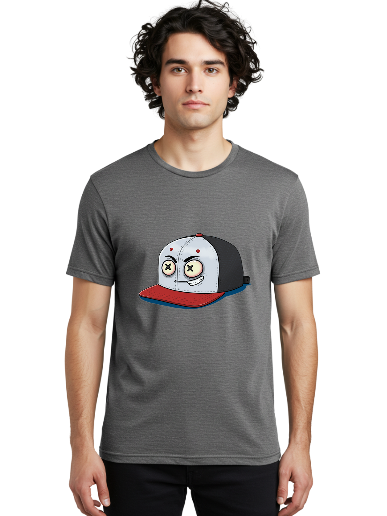 Black-White-Red-Cap Men'S Graphic Tee, 100% Cotton, Comfortable Casual Summer Wear, Machine Washable, Cartoon Hat, Dead Eyes, Black And White Cap, Red Brim, Smiling Face, Quirky Character, Funny Design, Kawaii Style, Anime Influence, Bac635