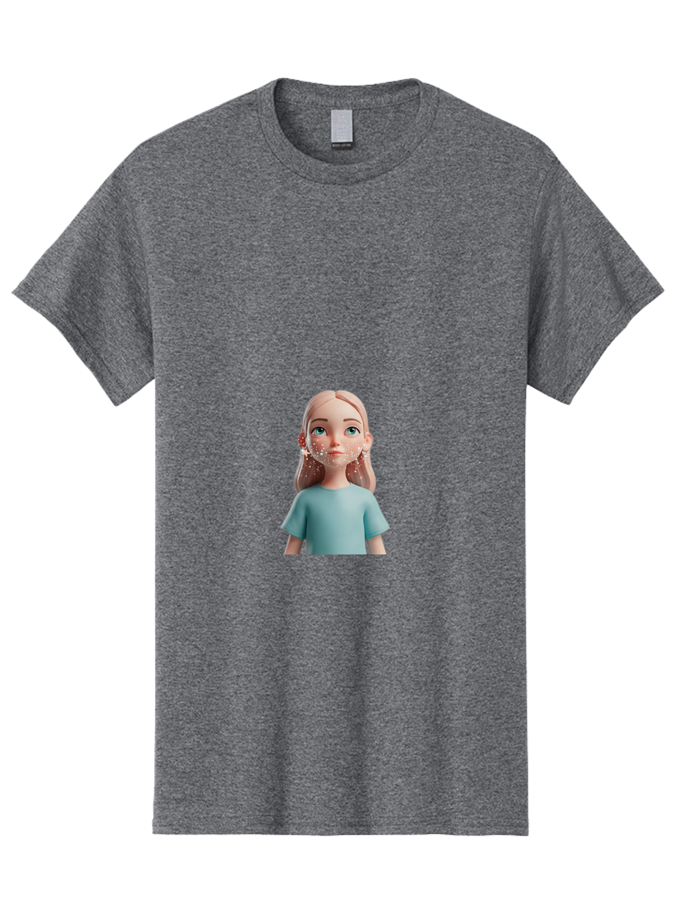 Blonde-Girl Men'S Graphic Tee, 100% Cotton, Comfortable Casual Summer Wear, Machine Washable, Cartoon Girl, 3D Character, Blue Eyes, Pink Hair, Light Blue Shirt, Freckles, Cute Expression, Pink Cheeks, Digital Art, Virtual Avatar Bac636