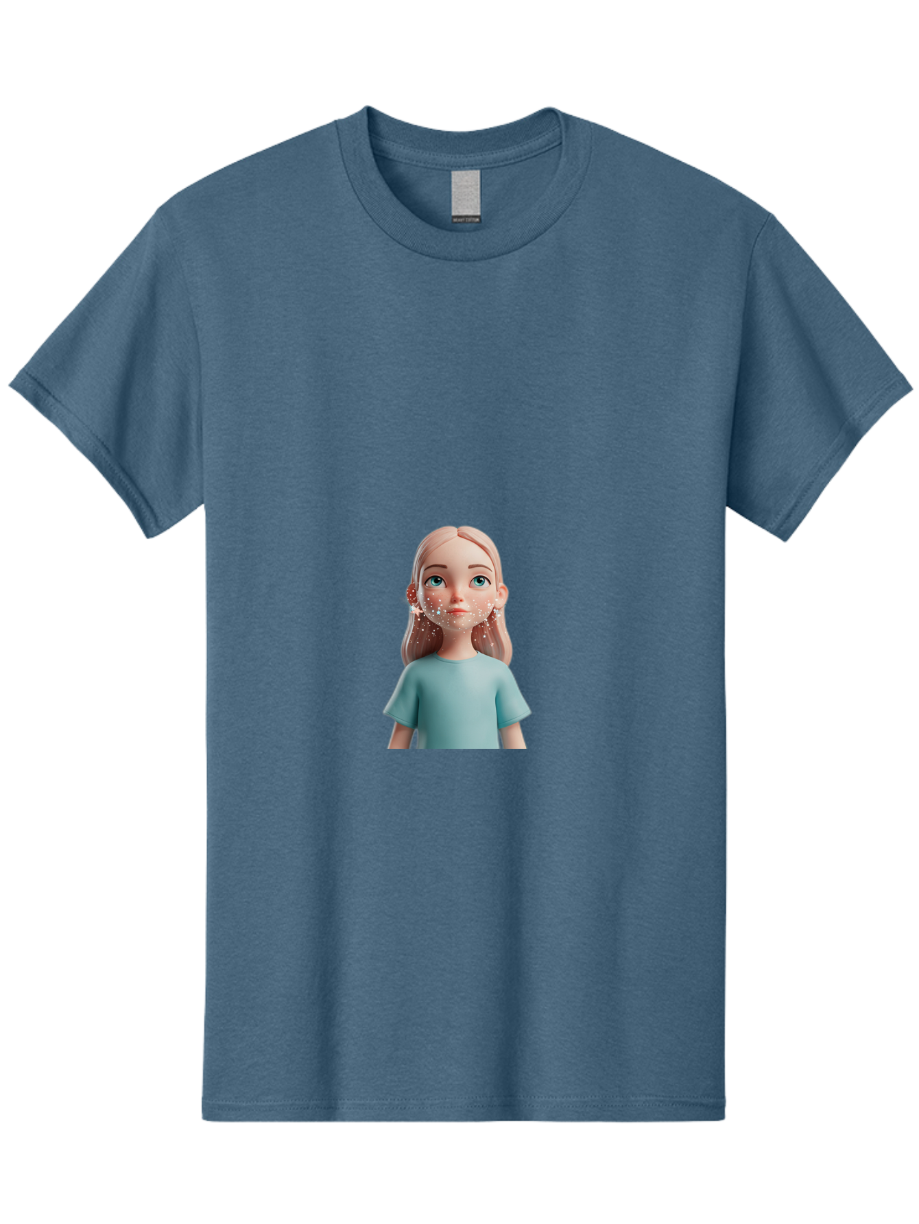Blonde-Girl Men'S Graphic Tee, 100% Cotton, Comfortable Casual Summer Wear, Machine Washable, Cartoon Girl, 3D Character, Blue Eyes, Pink Hair, Light Blue Shirt, Freckles, Cute Expression, Pink Cheeks, Digital Art, Virtual Avatar Bac636
