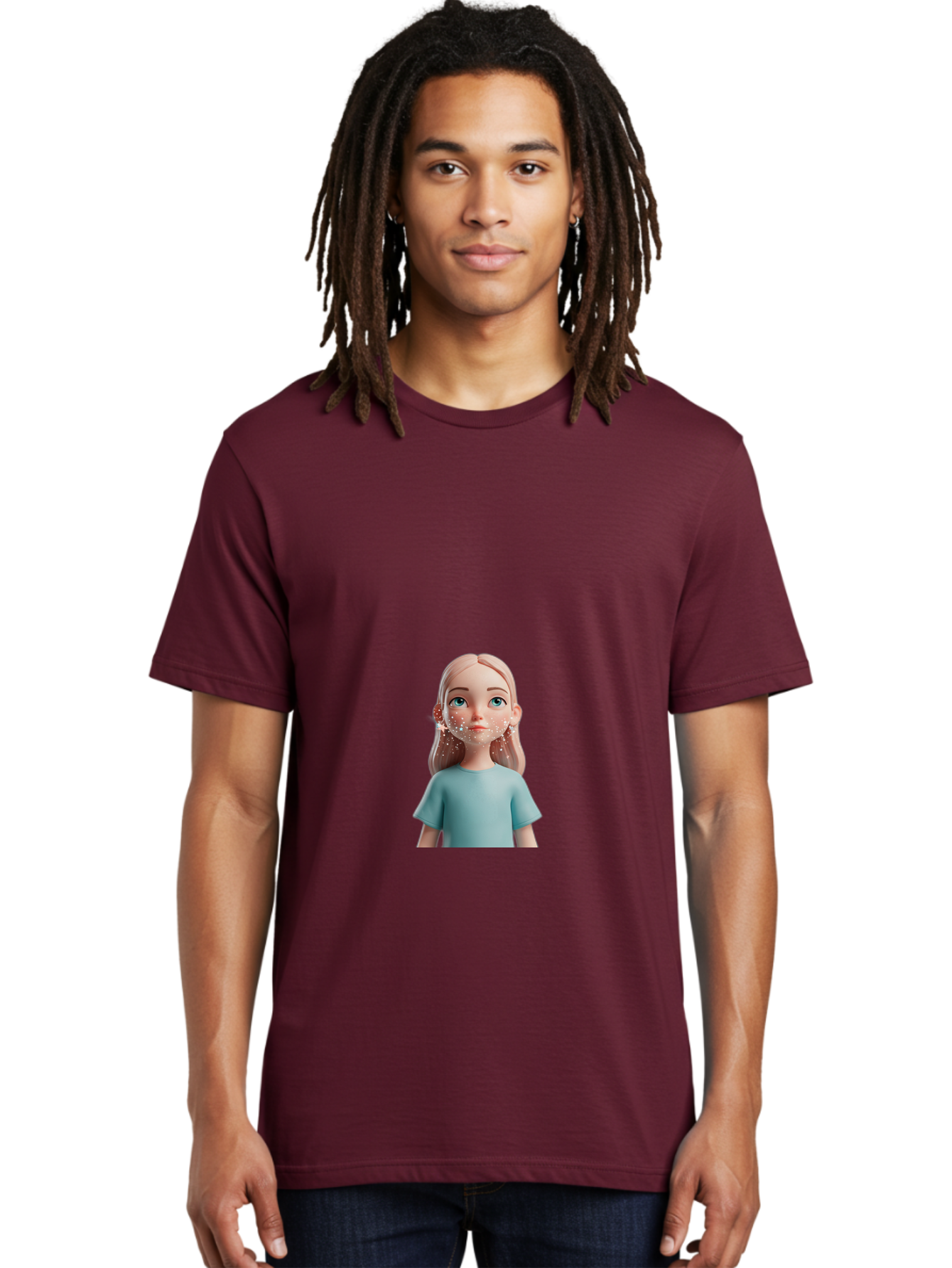 Blonde-Girl Men'S Graphic Tee, 100% Cotton, Comfortable Casual Summer Wear, Machine Washable, Cartoon Girl, 3D Character, Blue Eyes, Pink Hair, Light Blue Shirt, Freckles, Cute Expression, Pink Cheeks, Digital Art, Virtual Avatar Bac636