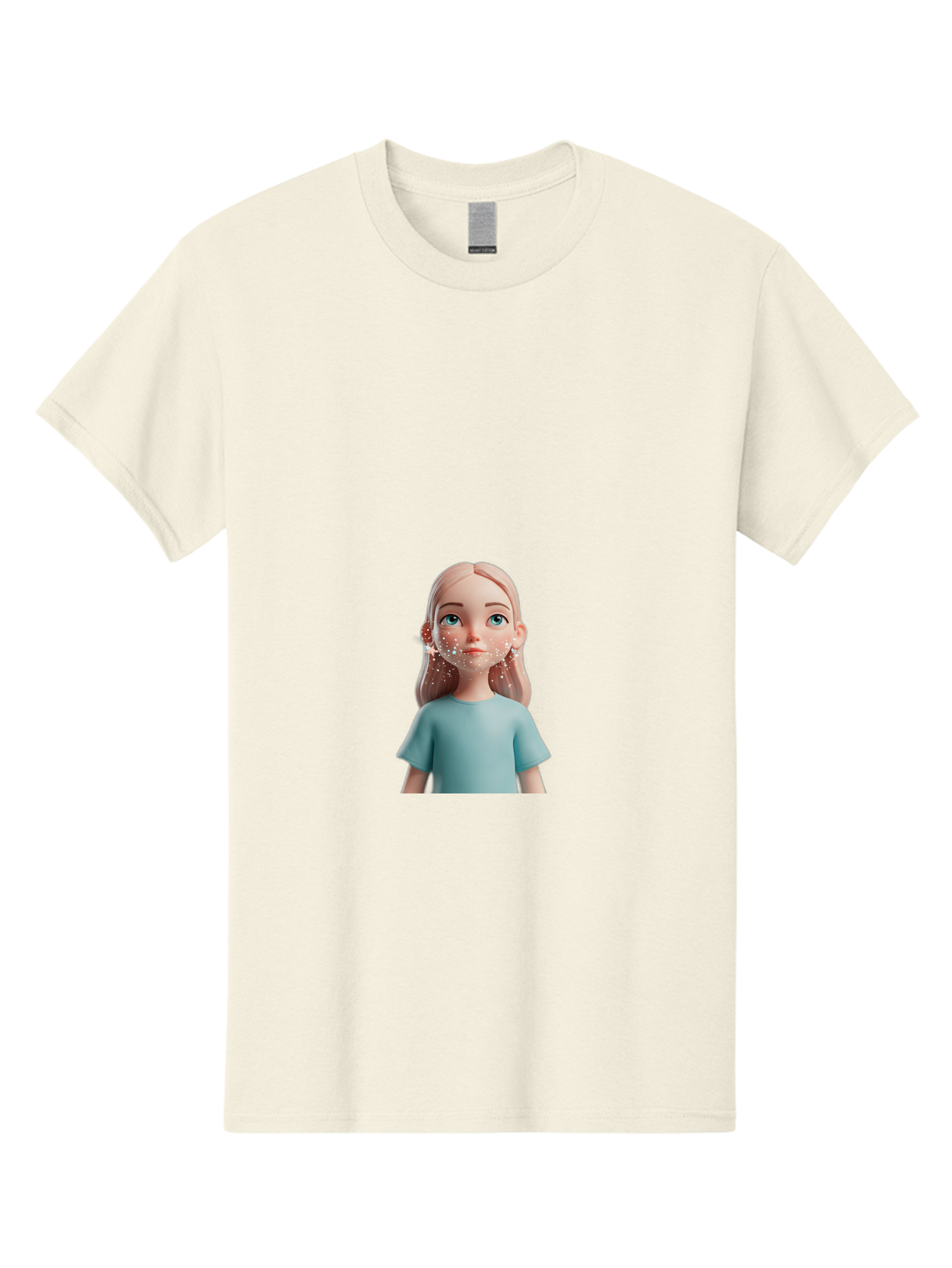 Blonde-Girl Men'S Graphic Tee, 100% Cotton, Comfortable Casual Summer Wear, Machine Washable, Cartoon Girl, 3D Character, Blue Eyes, Pink Hair, Light Blue Shirt, Freckles, Cute Expression, Pink Cheeks, Digital Art, Virtual Avatar Bac636
