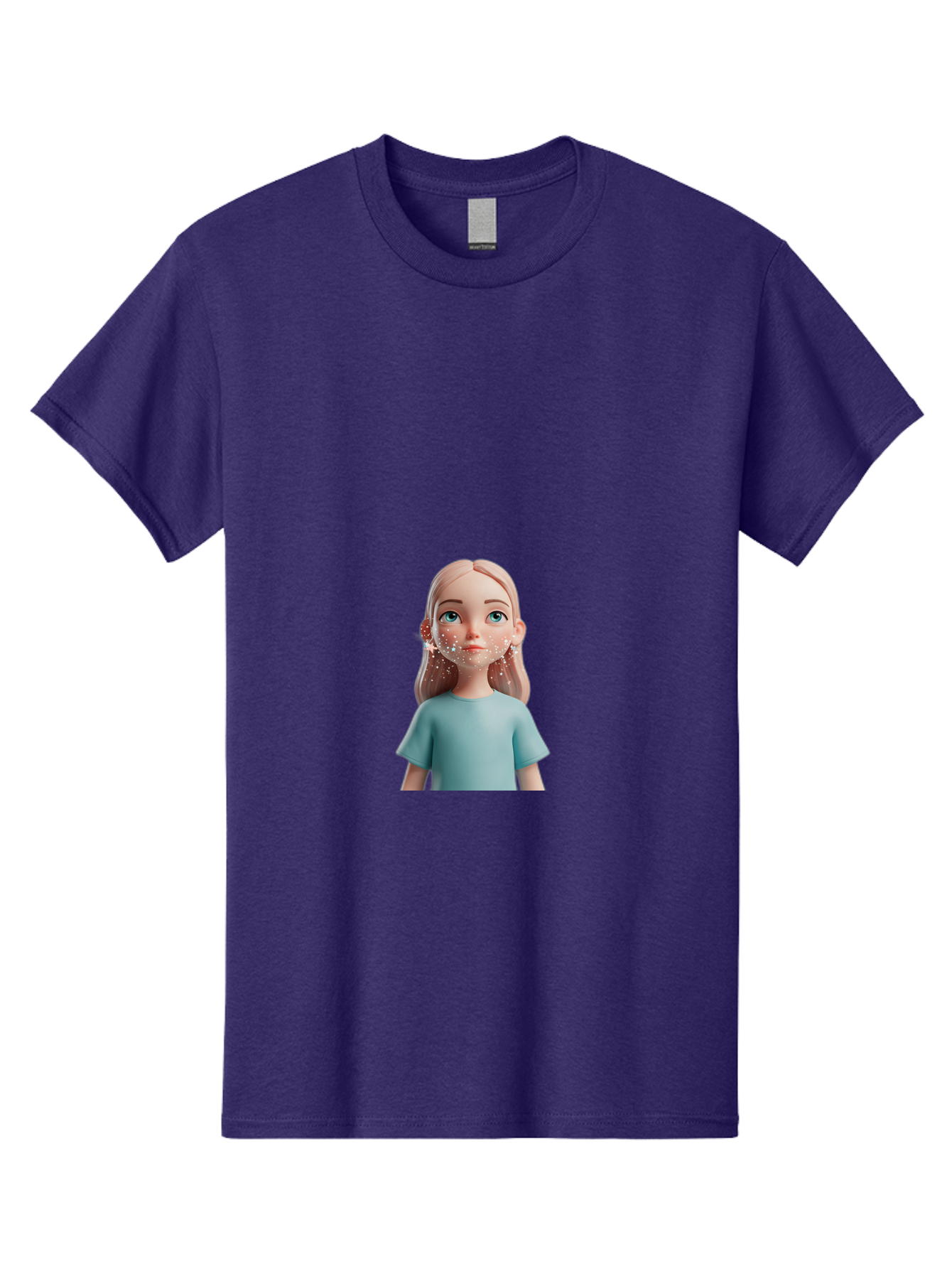 Blonde-Girl Men'S Graphic Tee, 100% Cotton, Comfortable Casual Summer Wear, Machine Washable, Cartoon Girl, 3D Character, Blue Eyes, Pink Hair, Light Blue Shirt, Freckles, Cute Expression, Pink Cheeks, Digital Art, Virtual Avatar Bac636