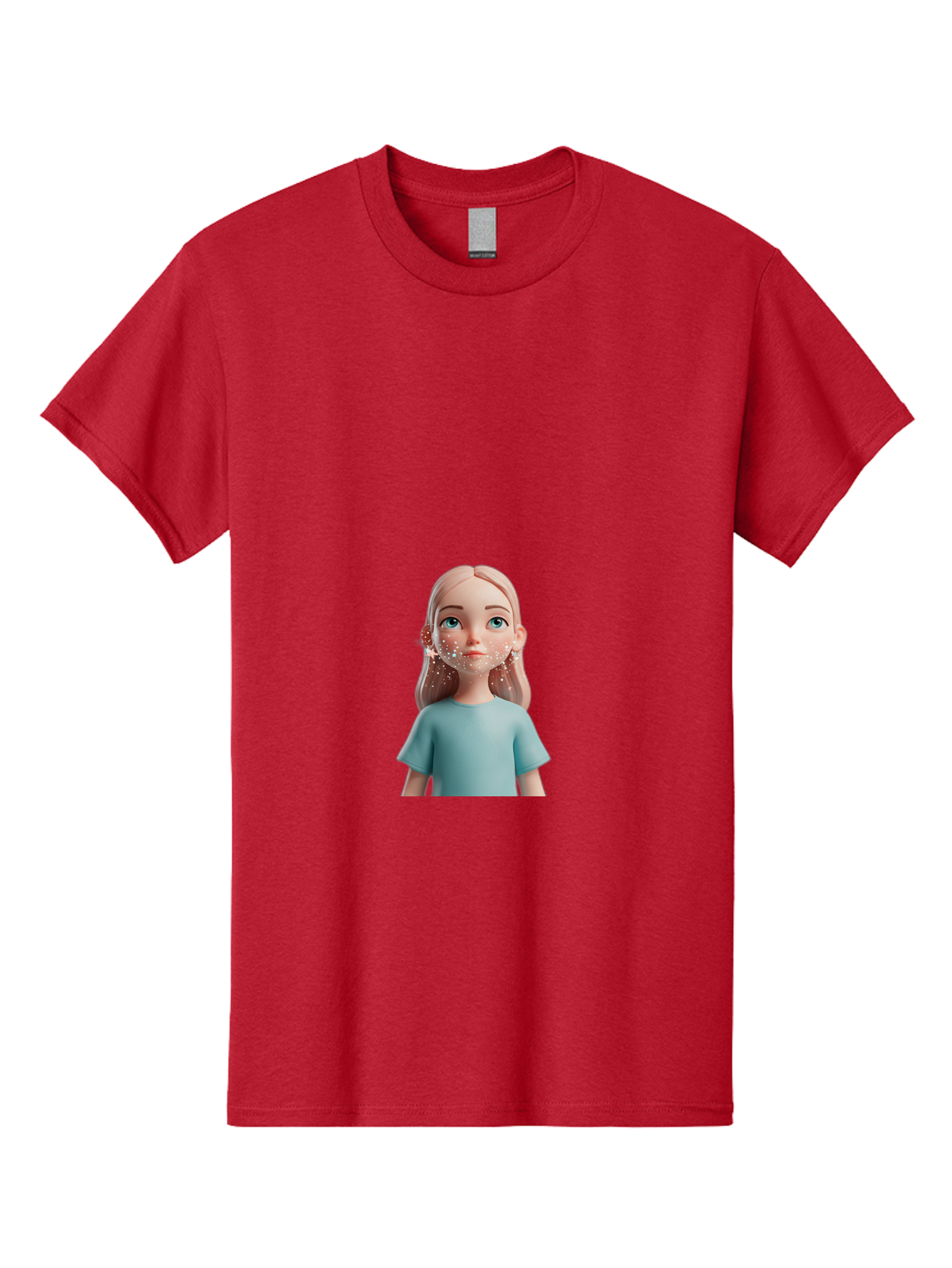 Blonde-Girl Men'S Graphic Tee, 100% Cotton, Comfortable Casual Summer Wear, Machine Washable, Cartoon Girl, 3D Character, Blue Eyes, Pink Hair, Light Blue Shirt, Freckles, Cute Expression, Pink Cheeks, Digital Art, Virtual Avatar Bac636