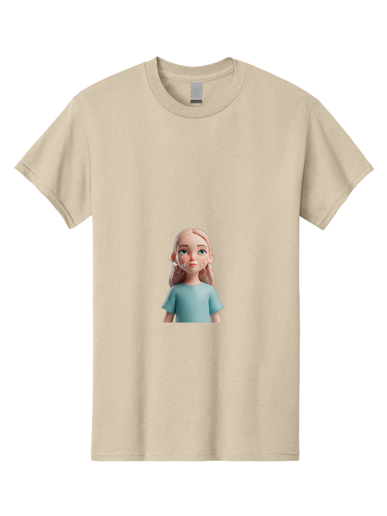 Blonde-Girl Men'S Graphic Tee, 100% Cotton, Comfortable Casual Summer Wear, Machine Washable, Cartoon Girl, 3D Character, Blue Eyes, Pink Hair, Light Blue Shirt, Freckles, Cute Expression, Pink Cheeks, Digital Art, Virtual Avatar Bac636