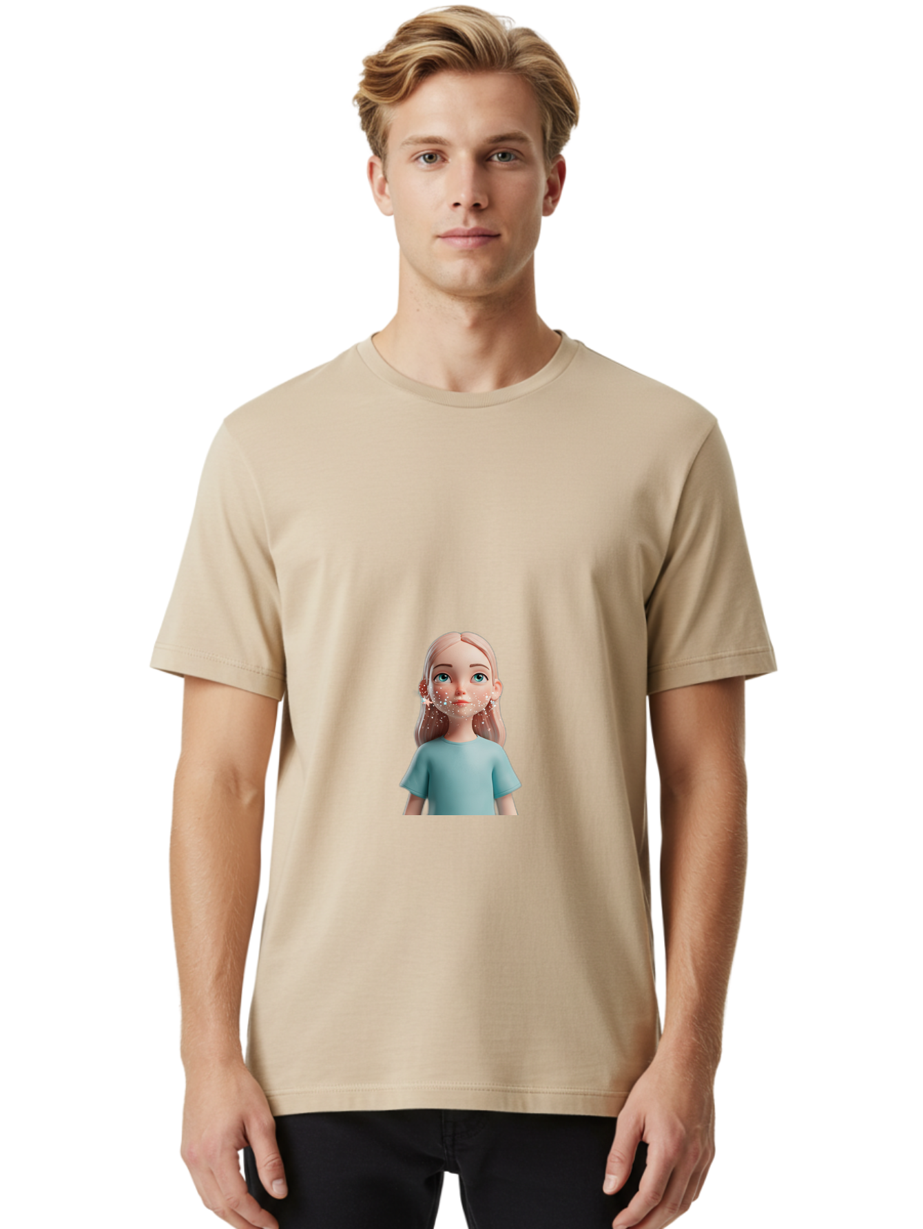 Blonde-Girl Men'S Graphic Tee, 100% Cotton, Comfortable Casual Summer Wear, Machine Washable, Cartoon Girl, 3D Character, Blue Eyes, Pink Hair, Light Blue Shirt, Freckles, Cute Expression, Pink Cheeks, Digital Art, Virtual Avatar Bac636