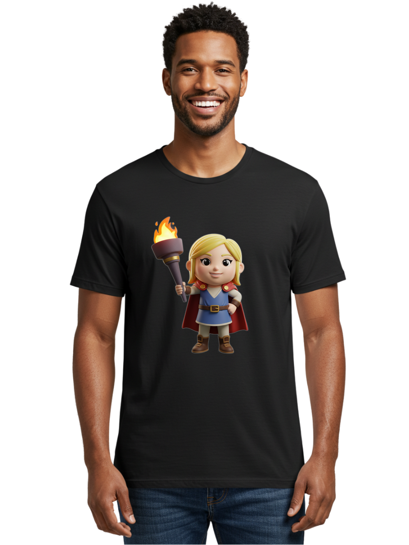 Blonde-Hero Men'S Graphic Tee, 100% Cotton, Comfortable Casual Summer Wear, Machine Washable, Cartoon Hero, Blonde Hair, Red Cape, Blue Dress, Torch In Hand, Heroic Pose, Youthful Energy, Chibi Style, Fantasy Character, Heroic Attire, Flame, Bac637