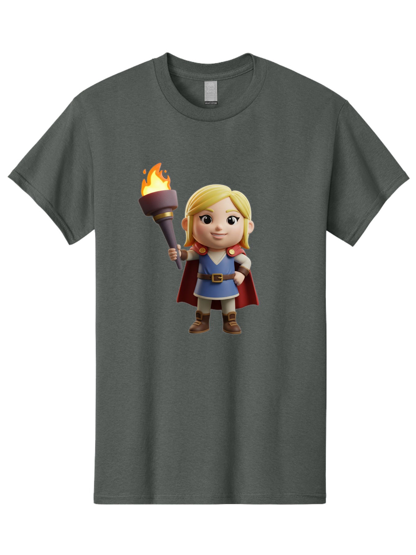 Blonde-Hero Men'S Graphic Tee, 100% Cotton, Comfortable Casual Summer Wear, Machine Washable, Cartoon Hero, Blonde Hair, Red Cape, Blue Dress, Torch In Hand, Heroic Pose, Youthful Energy, Chibi Style, Fantasy Character, Heroic Attire, Flame, Bac637
