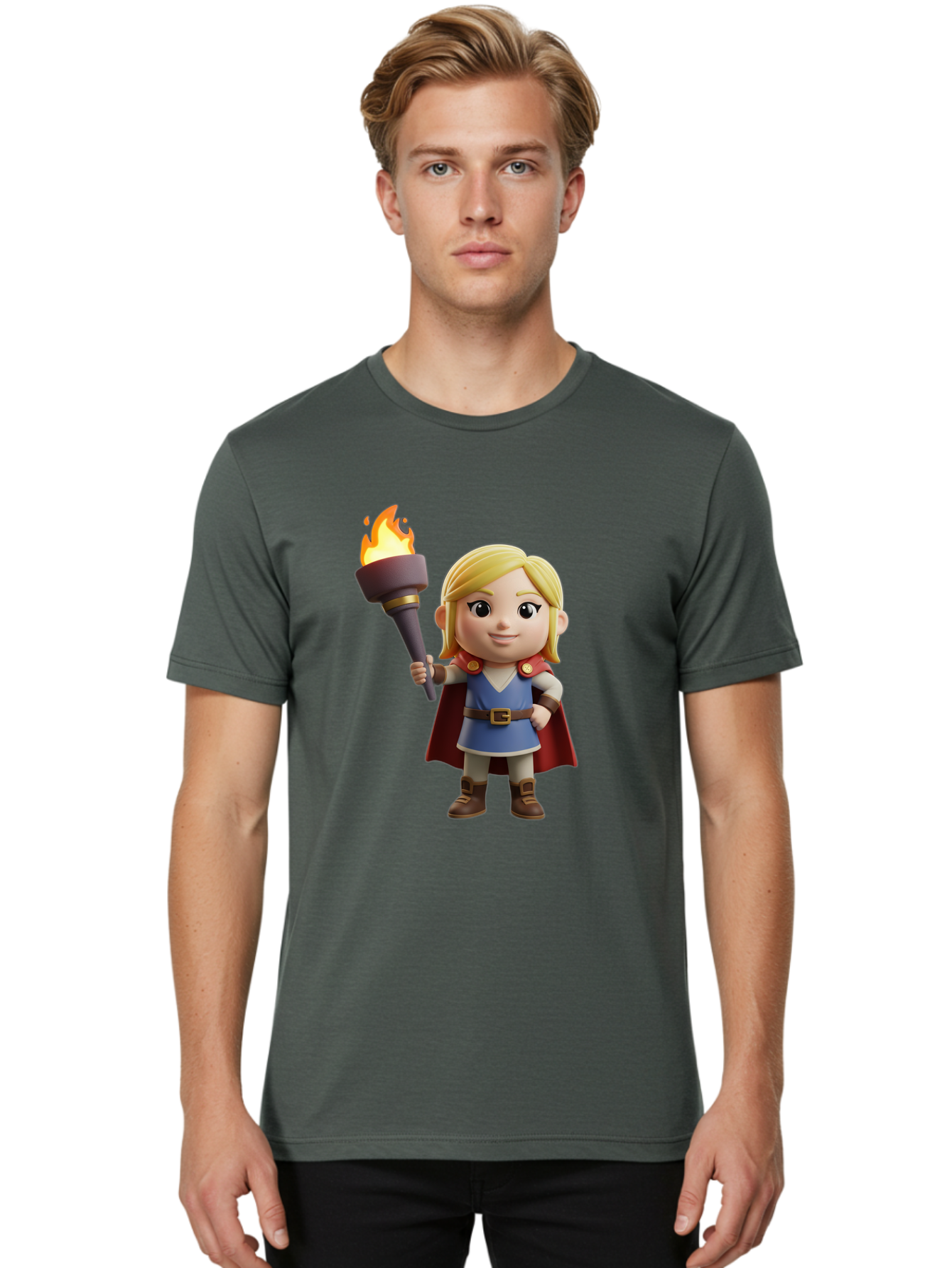 Blonde-Hero Men'S Graphic Tee, 100% Cotton, Comfortable Casual Summer Wear, Machine Washable, Cartoon Hero, Blonde Hair, Red Cape, Blue Dress, Torch In Hand, Heroic Pose, Youthful Energy, Chibi Style, Fantasy Character, Heroic Attire, Flame, Bac637