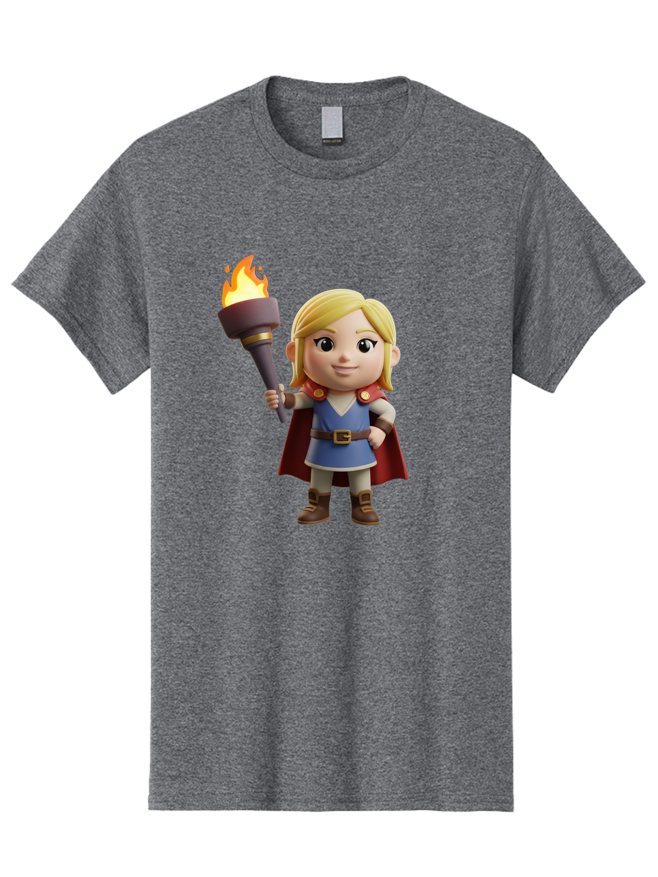 Blonde-Hero Men'S Graphic Tee, 100% Cotton, Comfortable Casual Summer Wear, Machine Washable, Cartoon Hero, Blonde Hair, Red Cape, Blue Dress, Torch In Hand, Heroic Pose, Youthful Energy, Chibi Style, Fantasy Character, Heroic Attire, Flame, Bac637