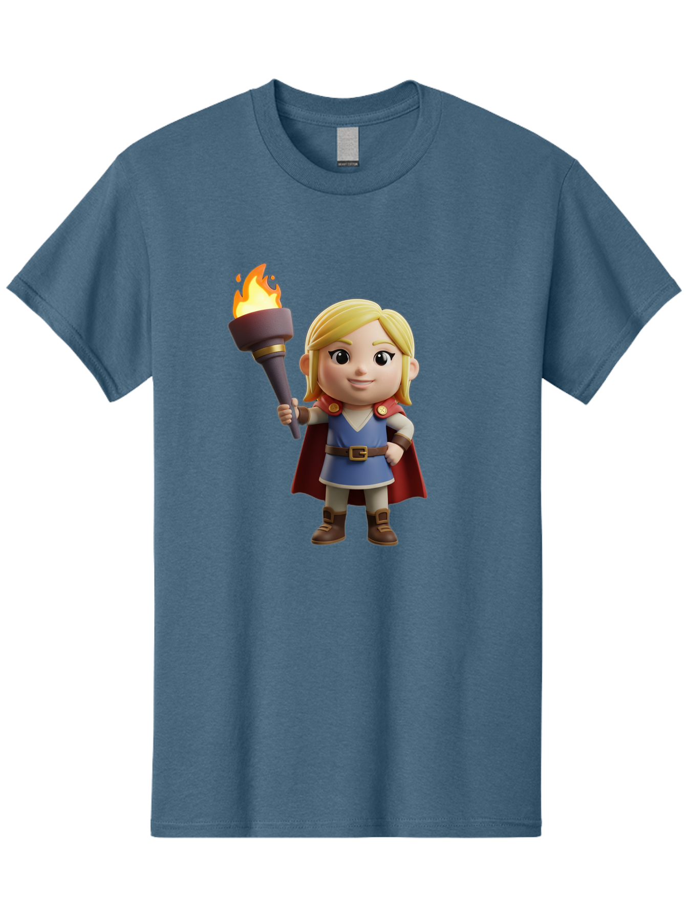 Blonde-Hero Men'S Graphic Tee, 100% Cotton, Comfortable Casual Summer Wear, Machine Washable, Cartoon Hero, Blonde Hair, Red Cape, Blue Dress, Torch In Hand, Heroic Pose, Youthful Energy, Chibi Style, Fantasy Character, Heroic Attire, Flame, Bac637