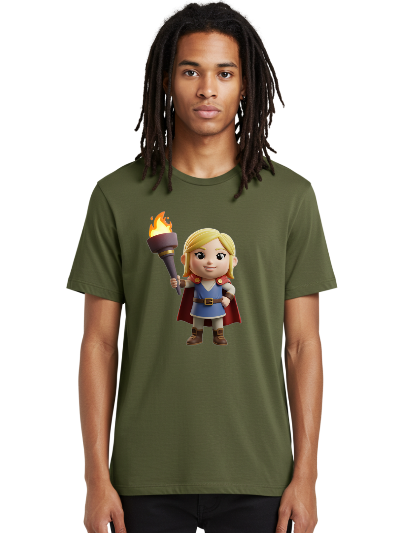 Blonde-Hero Men'S Graphic Tee, 100% Cotton, Comfortable Casual Summer Wear, Machine Washable, Cartoon Hero, Blonde Hair, Red Cape, Blue Dress, Torch In Hand, Heroic Pose, Youthful Energy, Chibi Style, Fantasy Character, Heroic Attire, Flame, Bac637