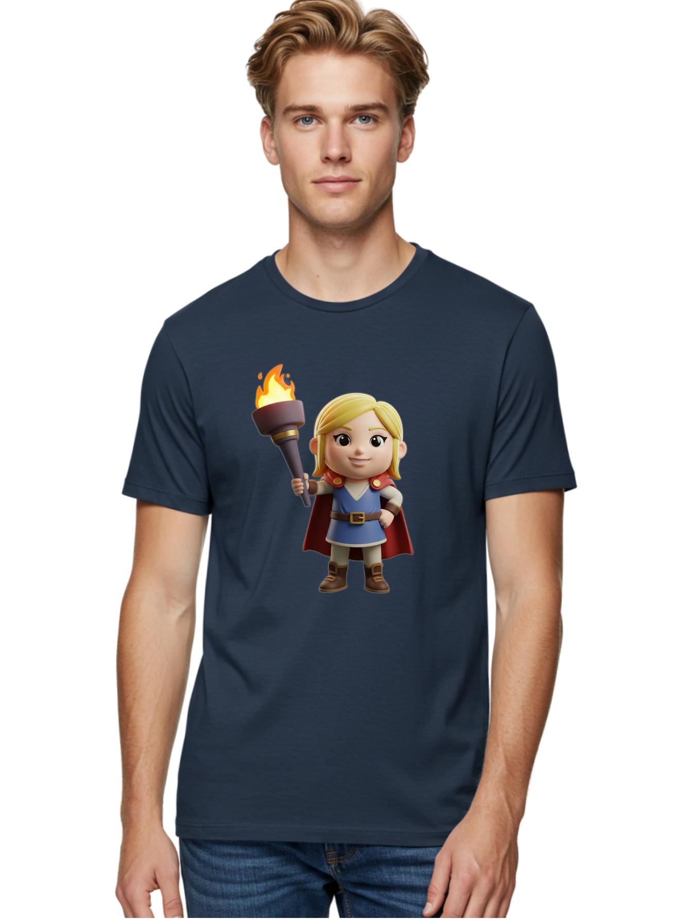 Blonde-Hero Men'S Graphic Tee, 100% Cotton, Comfortable Casual Summer Wear, Machine Washable, Cartoon Hero, Blonde Hair, Red Cape, Blue Dress, Torch In Hand, Heroic Pose, Youthful Energy, Chibi Style, Fantasy Character, Heroic Attire, Flame, Bac637
