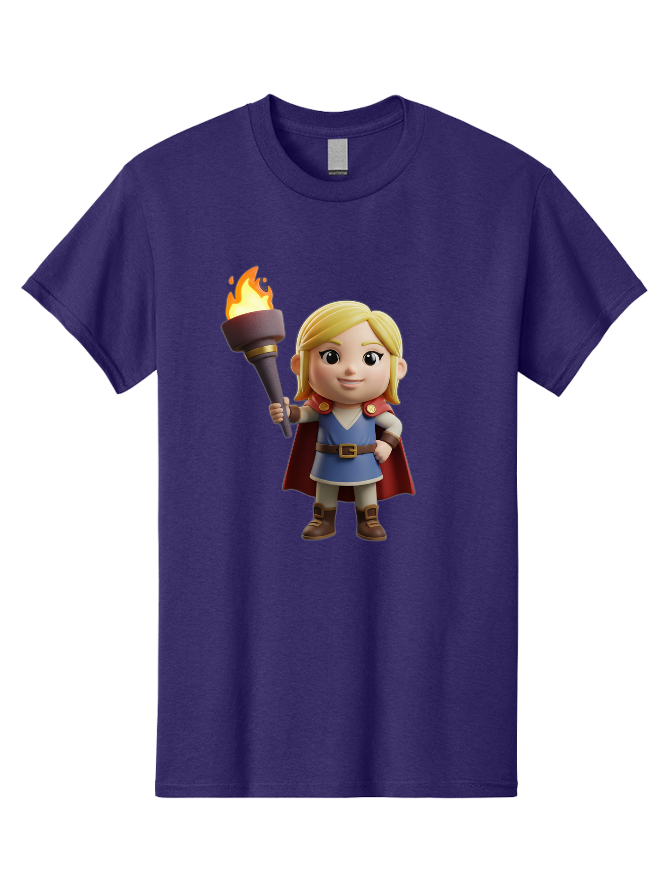 Blonde-Hero Men'S Graphic Tee, 100% Cotton, Comfortable Casual Summer Wear, Machine Washable, Cartoon Hero, Blonde Hair, Red Cape, Blue Dress, Torch In Hand, Heroic Pose, Youthful Energy, Chibi Style, Fantasy Character, Heroic Attire, Flame, Bac637