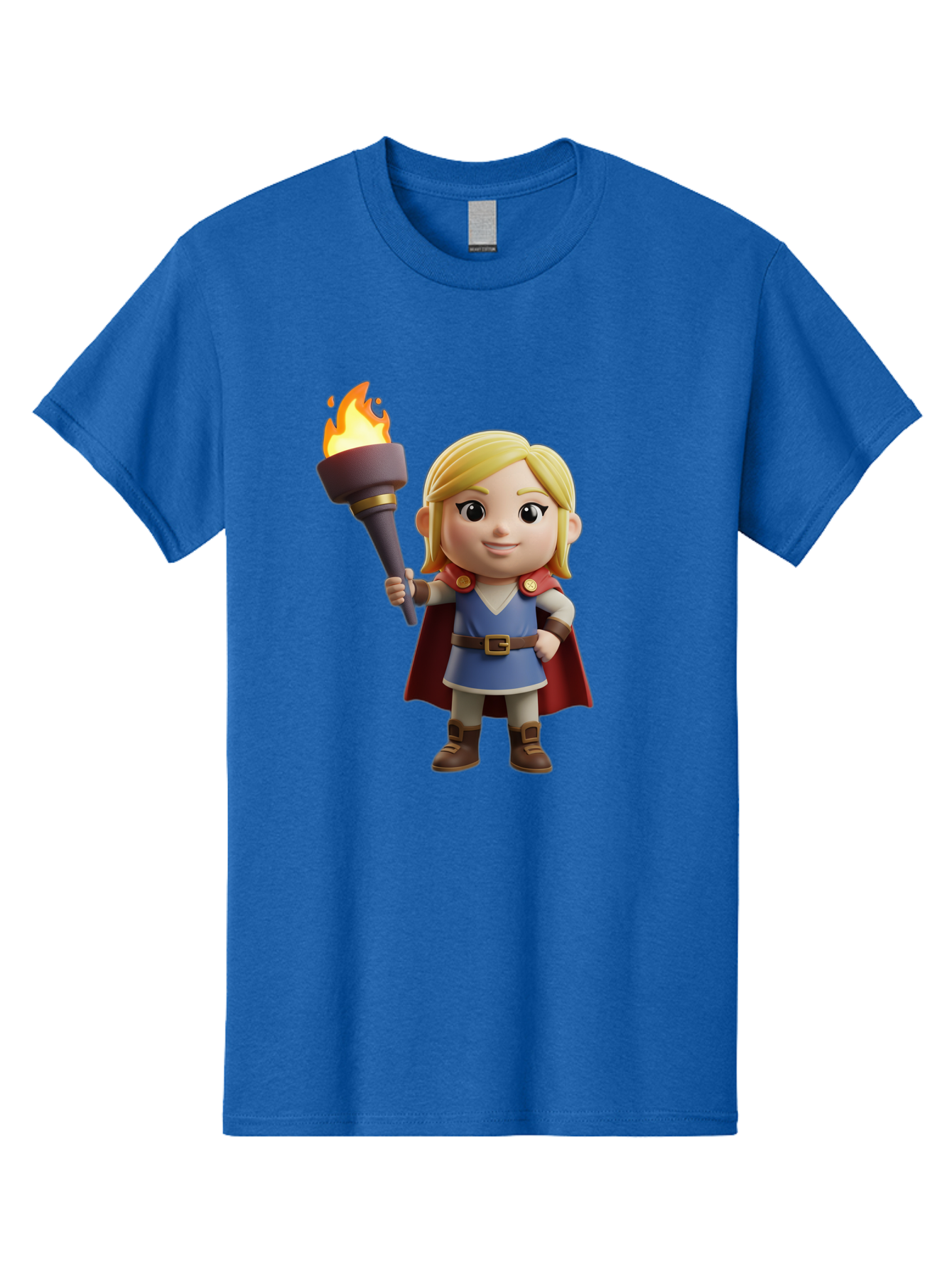 Blonde-Hero Men'S Graphic Tee, 100% Cotton, Comfortable Casual Summer Wear, Machine Washable, Cartoon Hero, Blonde Hair, Red Cape, Blue Dress, Torch In Hand, Heroic Pose, Youthful Energy, Chibi Style, Fantasy Character, Heroic Attire, Flame, Bac637