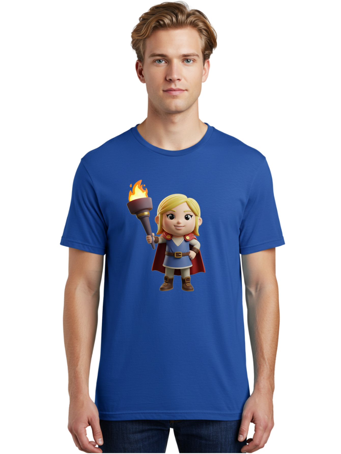 Blonde-Hero Men'S Graphic Tee, 100% Cotton, Comfortable Casual Summer Wear, Machine Washable, Cartoon Hero, Blonde Hair, Red Cape, Blue Dress, Torch In Hand, Heroic Pose, Youthful Energy, Chibi Style, Fantasy Character, Heroic Attire, Flame, Bac637