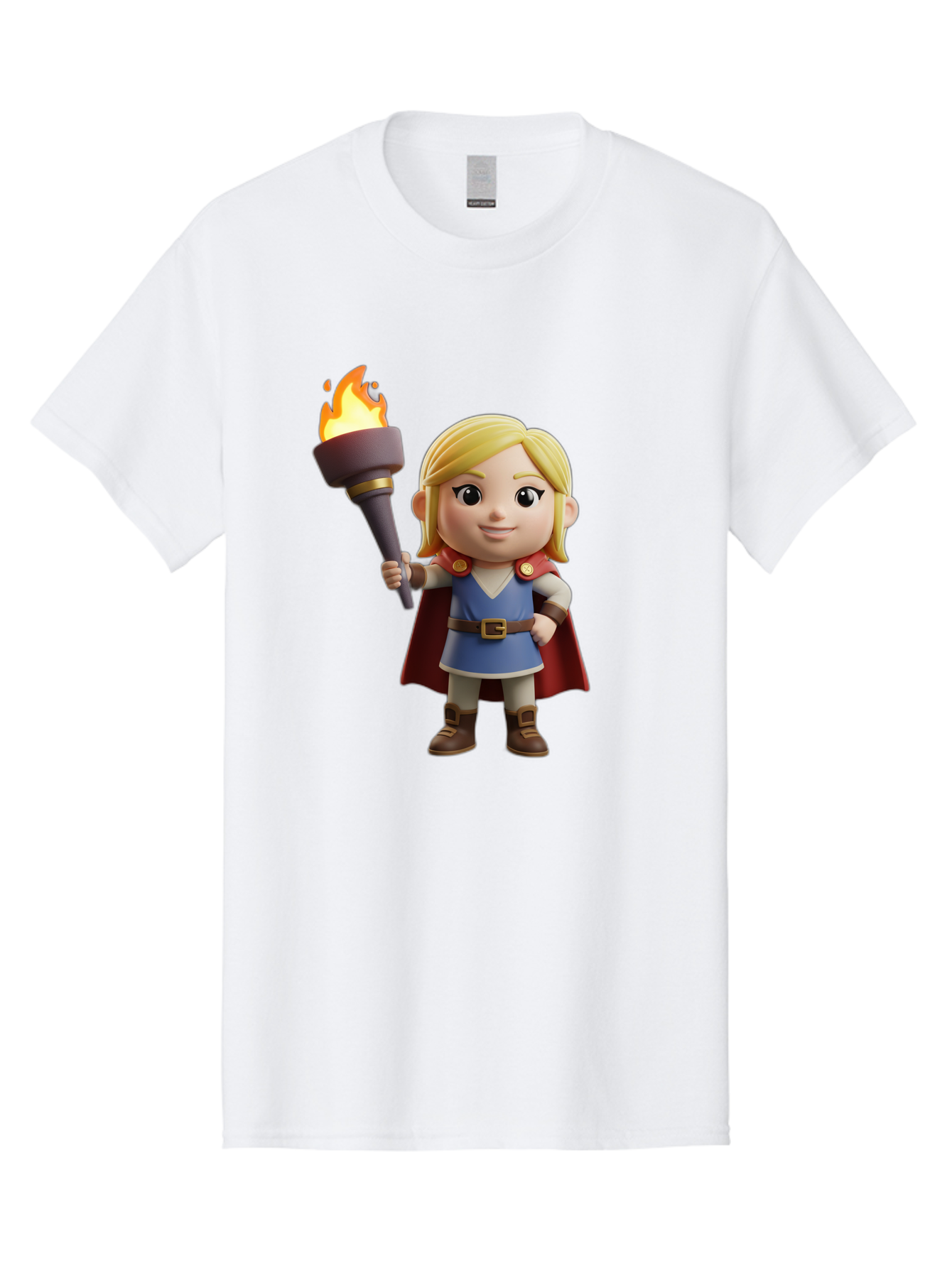 Blonde-Hero Men'S Graphic Tee, 100% Cotton, Comfortable Casual Summer Wear, Machine Washable, Cartoon Hero, Blonde Hair, Red Cape, Blue Dress, Torch In Hand, Heroic Pose, Youthful Energy, Chibi Style, Fantasy Character, Heroic Attire, Flame, Bac637