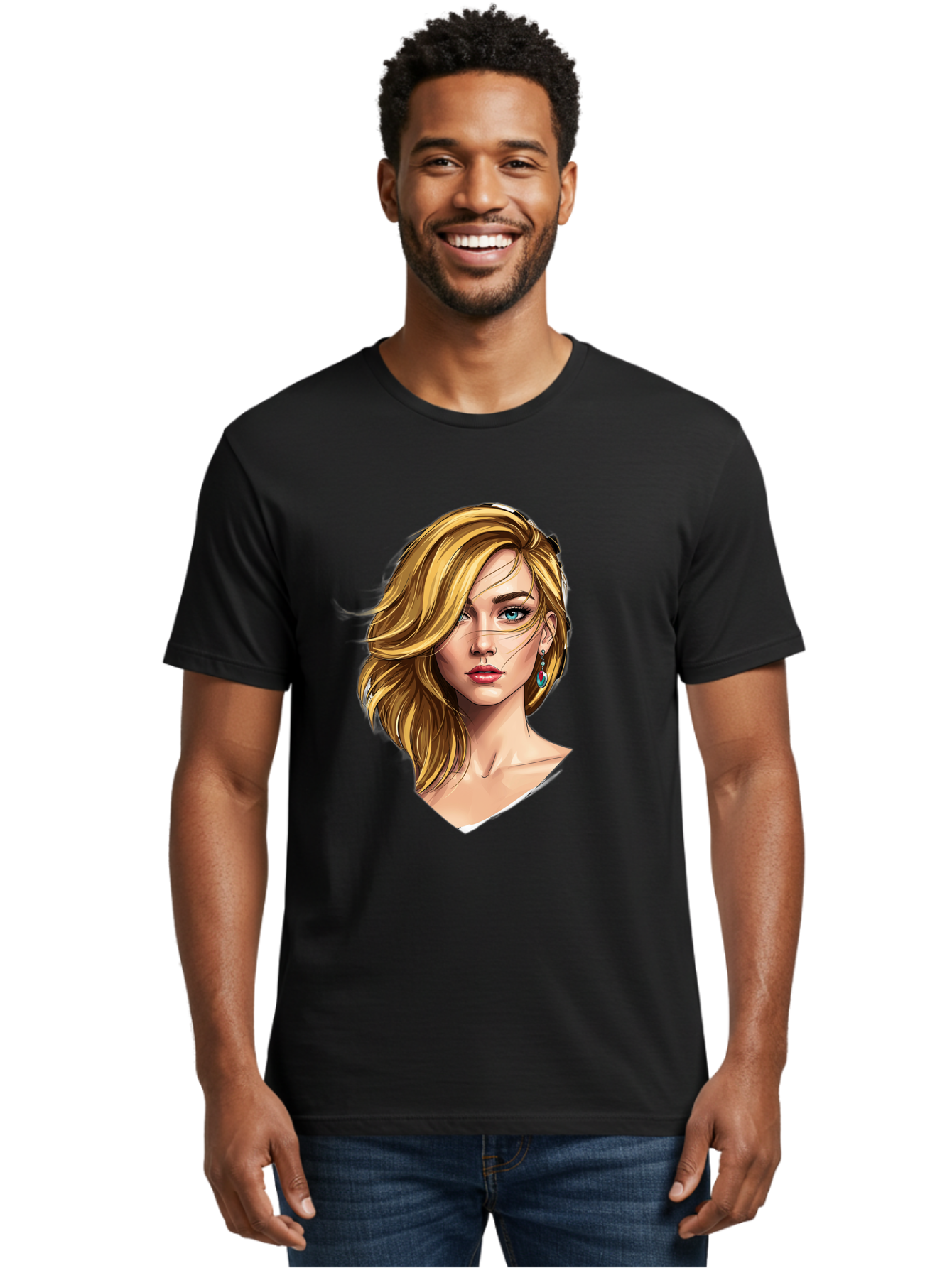 Blonde-Woman-Portrait-1 Men'S Graphic Tee, 100% Cotton, Comfortable Casual Summer Wear, Machine Washable, Blonde Woman, Blue Eyes, Red Lips, Earrings, Portrait Illustration, Digital Art, Fashion Model, Beauty, Glamour, Stylish Hair, Bac638