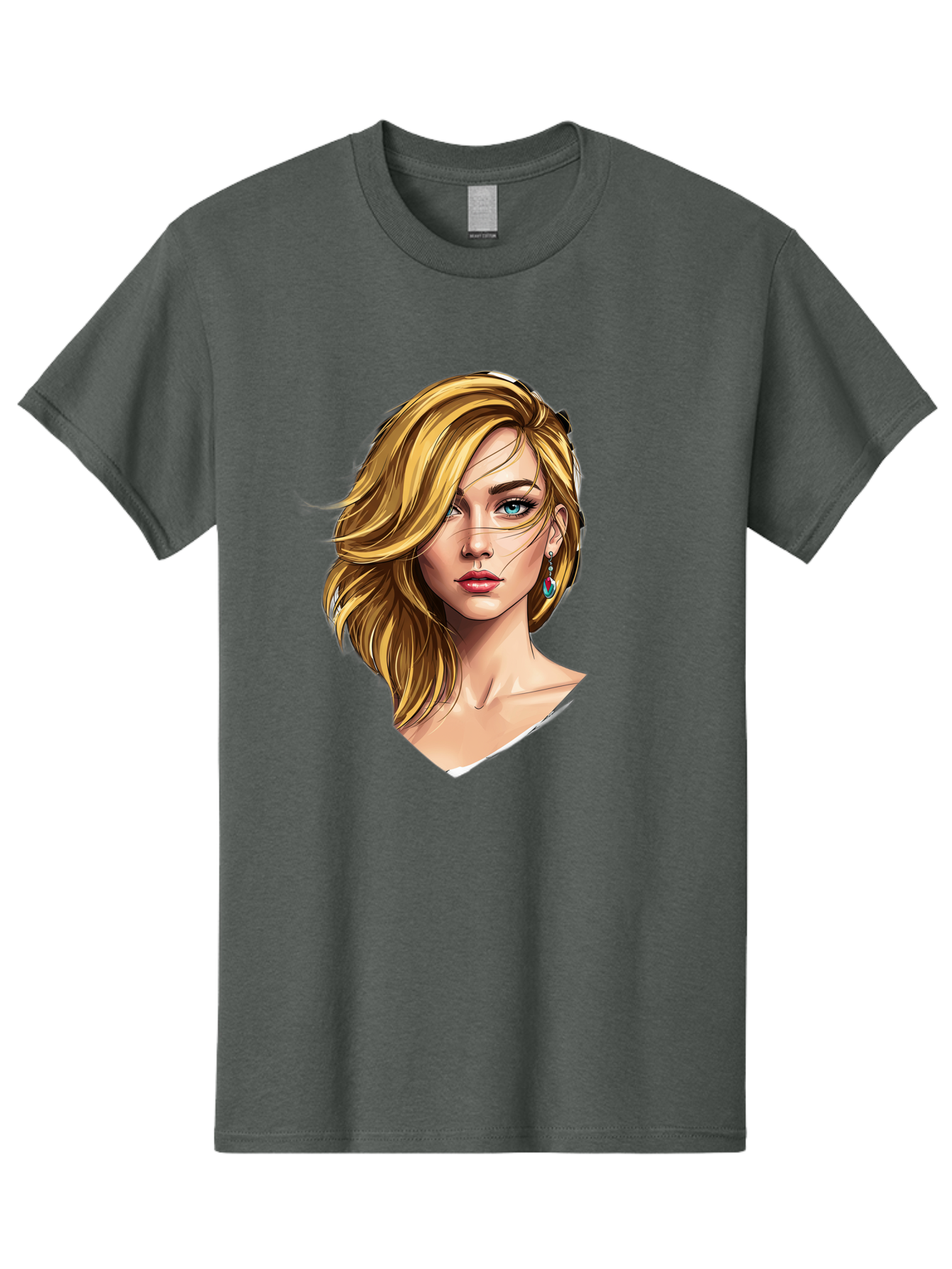 Blonde-Woman-Portrait-1 Men'S Graphic Tee, 100% Cotton, Comfortable Casual Summer Wear, Machine Washable, Blonde Woman, Blue Eyes, Red Lips, Earrings, Portrait Illustration, Digital Art, Fashion Model, Beauty, Glamour, Stylish Hair, Bac638