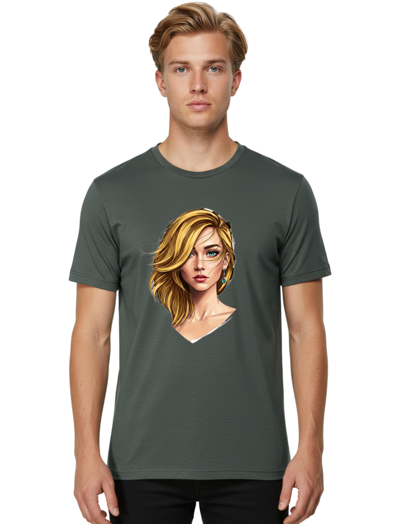Blonde-Woman-Portrait-1 Men'S Graphic Tee, 100% Cotton, Comfortable Casual Summer Wear, Machine Washable, Blonde Woman, Blue Eyes, Red Lips, Earrings, Portrait Illustration, Digital Art, Fashion Model, Beauty, Glamour, Stylish Hair, Bac638