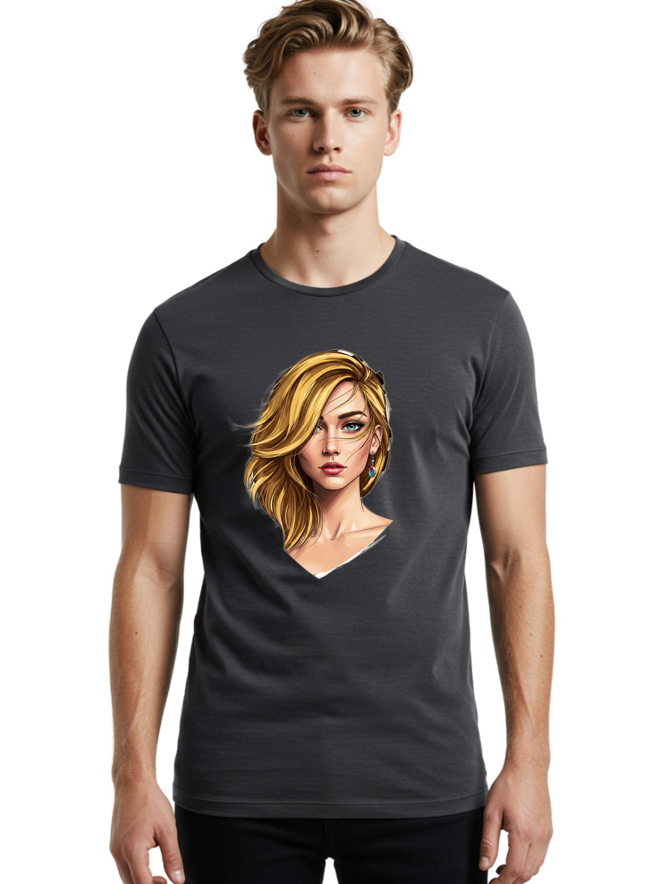 Blonde-Woman-Portrait-1 Men'S Graphic Tee, 100% Cotton, Comfortable Casual Summer Wear, Machine Washable, Blonde Woman, Blue Eyes, Red Lips, Earrings, Portrait Illustration, Digital Art, Fashion Model, Beauty, Glamour, Stylish Hair, Bac638