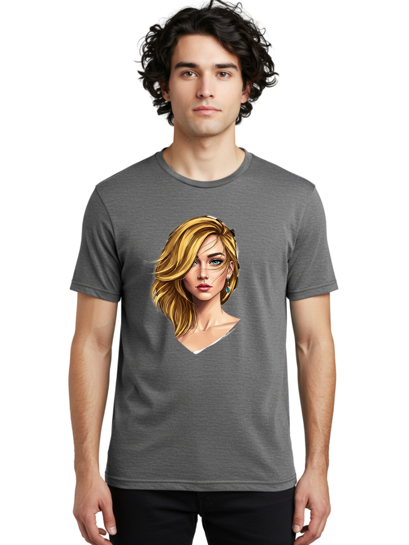 Blonde-Woman-Portrait-1 Men'S Graphic Tee, 100% Cotton, Comfortable Casual Summer Wear, Machine Washable, Blonde Woman, Blue Eyes, Red Lips, Earrings, Portrait Illustration, Digital Art, Fashion Model, Beauty, Glamour, Stylish Hair, Bac638