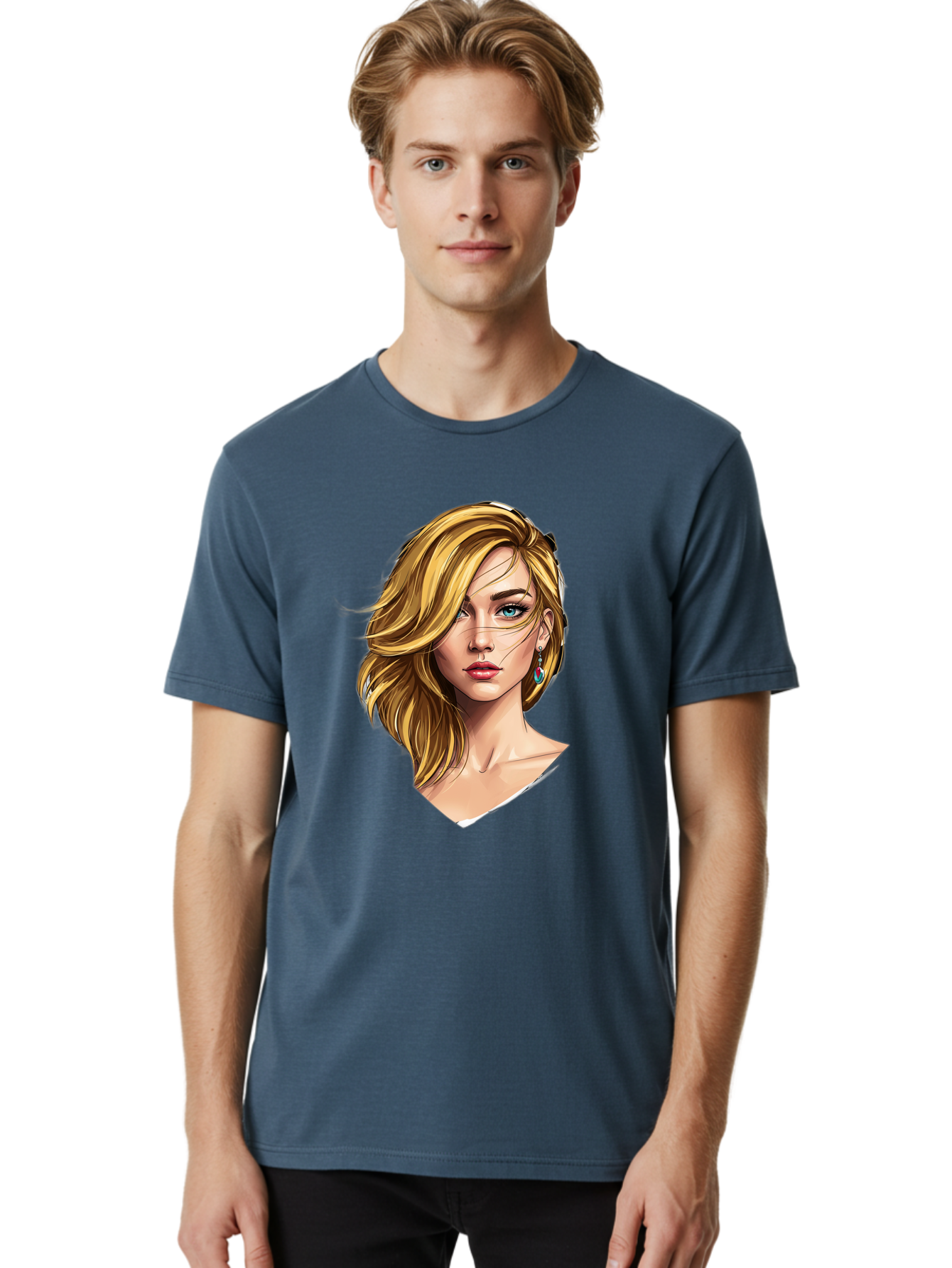 Blonde-Woman-Portrait-1 Men'S Graphic Tee, 100% Cotton, Comfortable Casual Summer Wear, Machine Washable, Blonde Woman, Blue Eyes, Red Lips, Earrings, Portrait Illustration, Digital Art, Fashion Model, Beauty, Glamour, Stylish Hair, Bac638