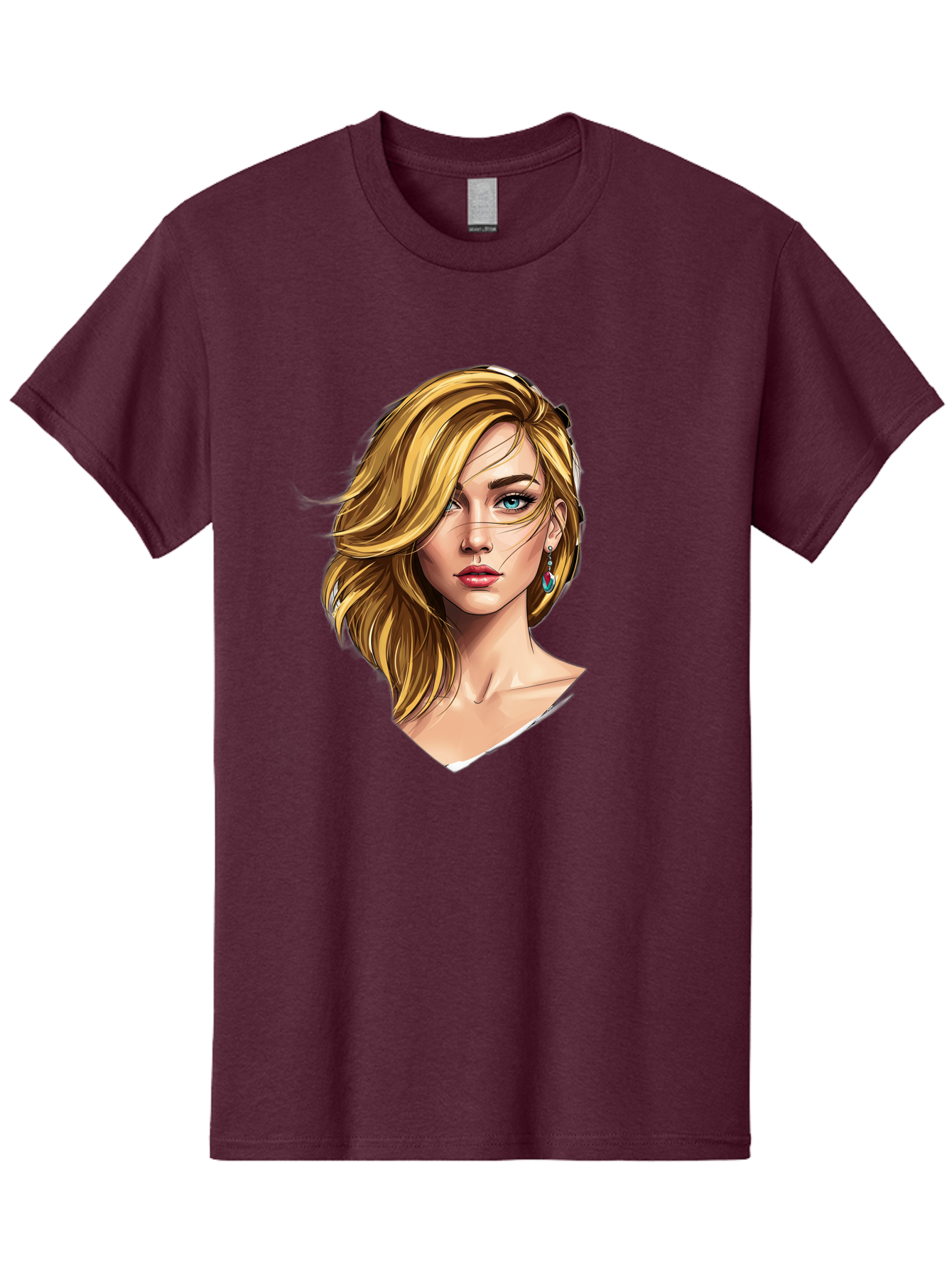 Blonde-Woman-Portrait-1 Men'S Graphic Tee, 100% Cotton, Comfortable Casual Summer Wear, Machine Washable, Blonde Woman, Blue Eyes, Red Lips, Earrings, Portrait Illustration, Digital Art, Fashion Model, Beauty, Glamour, Stylish Hair, Bac638