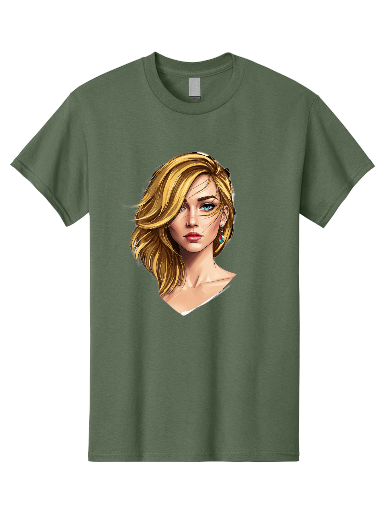 Blonde-Woman-Portrait-1 Men'S Graphic Tee, 100% Cotton, Comfortable Casual Summer Wear, Machine Washable, Blonde Woman, Blue Eyes, Red Lips, Earrings, Portrait Illustration, Digital Art, Fashion Model, Beauty, Glamour, Stylish Hair, Bac638