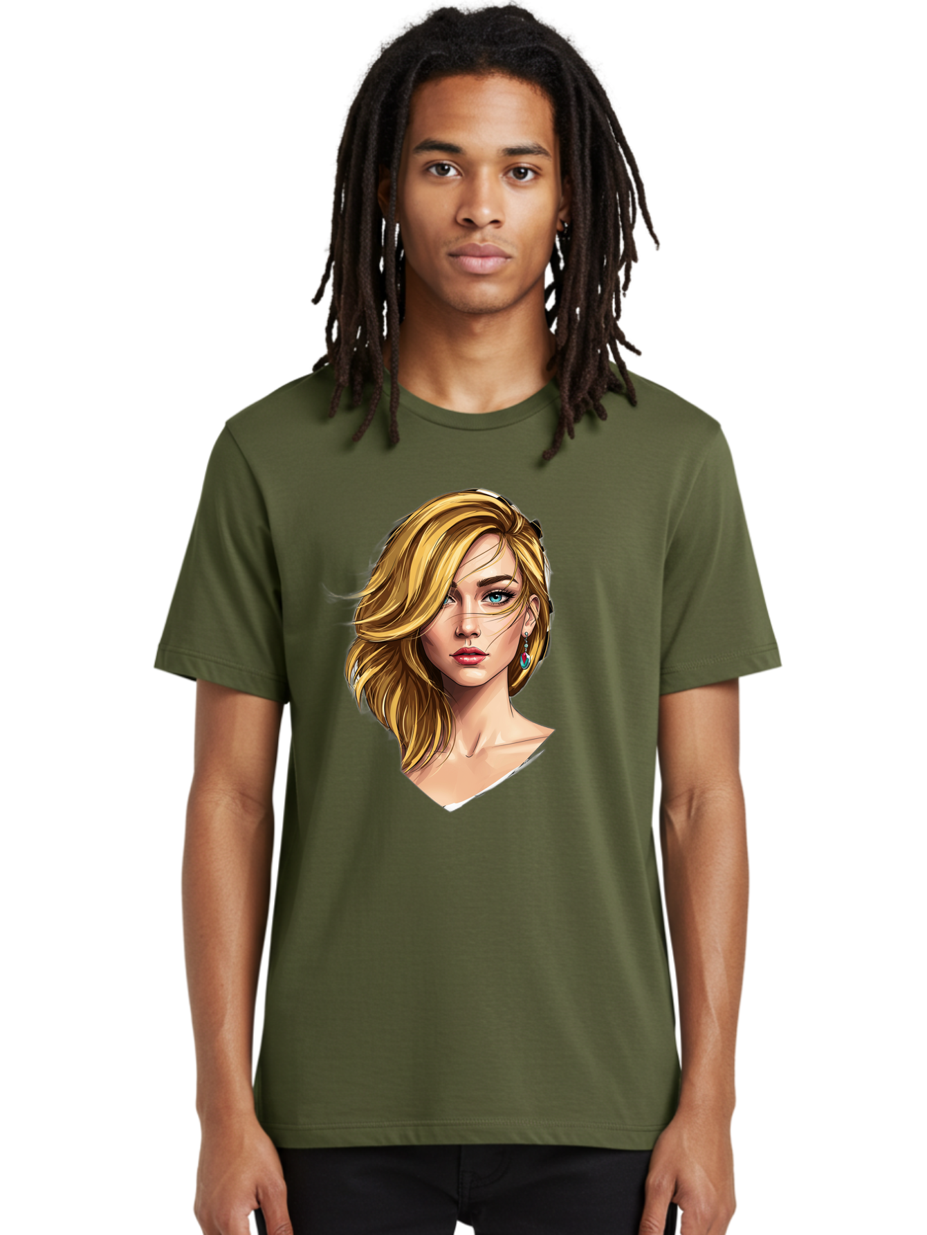 Blonde-Woman-Portrait-1 Men'S Graphic Tee, 100% Cotton, Comfortable Casual Summer Wear, Machine Washable, Blonde Woman, Blue Eyes, Red Lips, Earrings, Portrait Illustration, Digital Art, Fashion Model, Beauty, Glamour, Stylish Hair, Bac638
