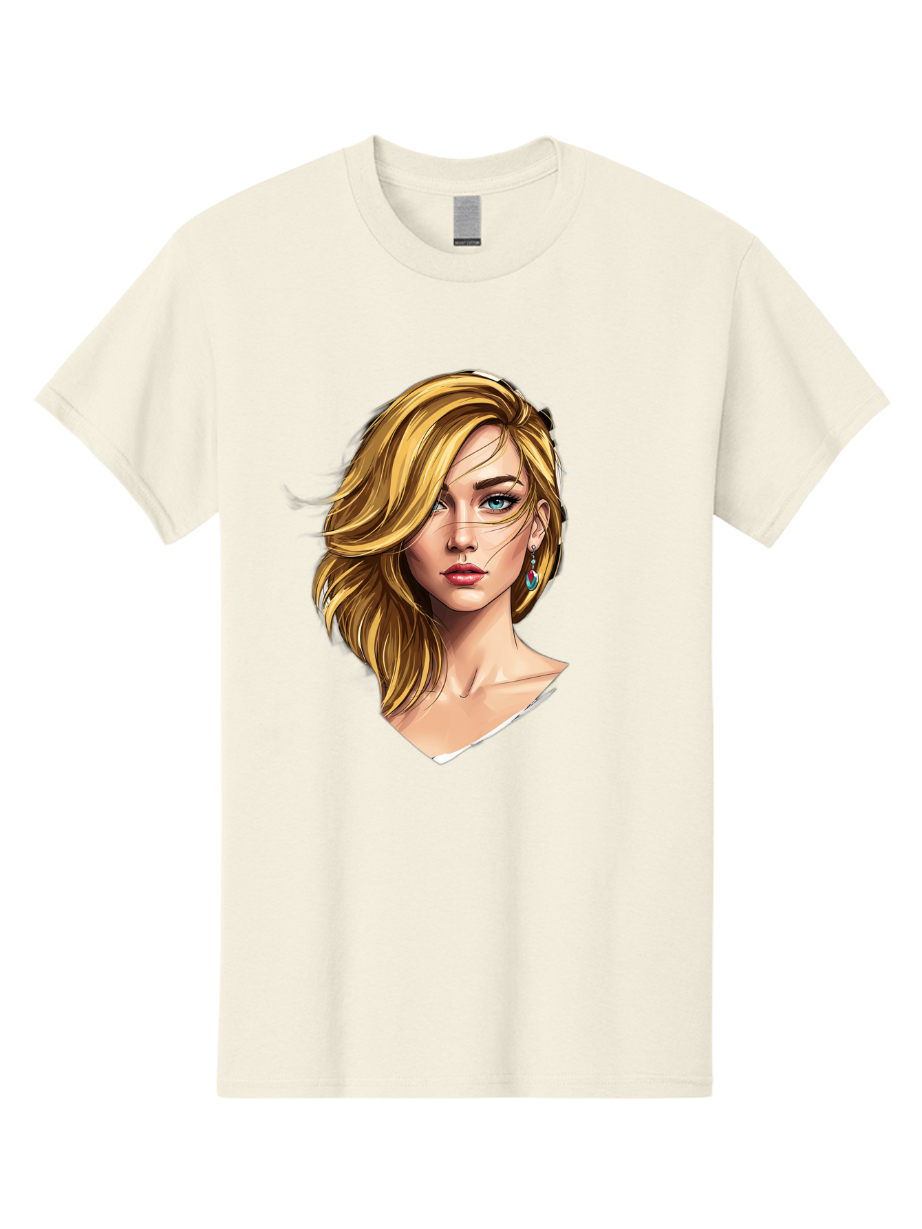 Blonde-Woman-Portrait-1 Men'S Graphic Tee, 100% Cotton, Comfortable Casual Summer Wear, Machine Washable, Blonde Woman, Blue Eyes, Red Lips, Earrings, Portrait Illustration, Digital Art, Fashion Model, Beauty, Glamour, Stylish Hair, Bac638