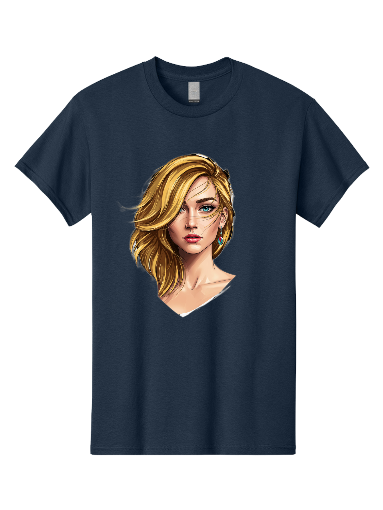 Blonde-Woman-Portrait-1 Men'S Graphic Tee, 100% Cotton, Comfortable Casual Summer Wear, Machine Washable, Blonde Woman, Blue Eyes, Red Lips, Earrings, Portrait Illustration, Digital Art, Fashion Model, Beauty, Glamour, Stylish Hair, Bac638
