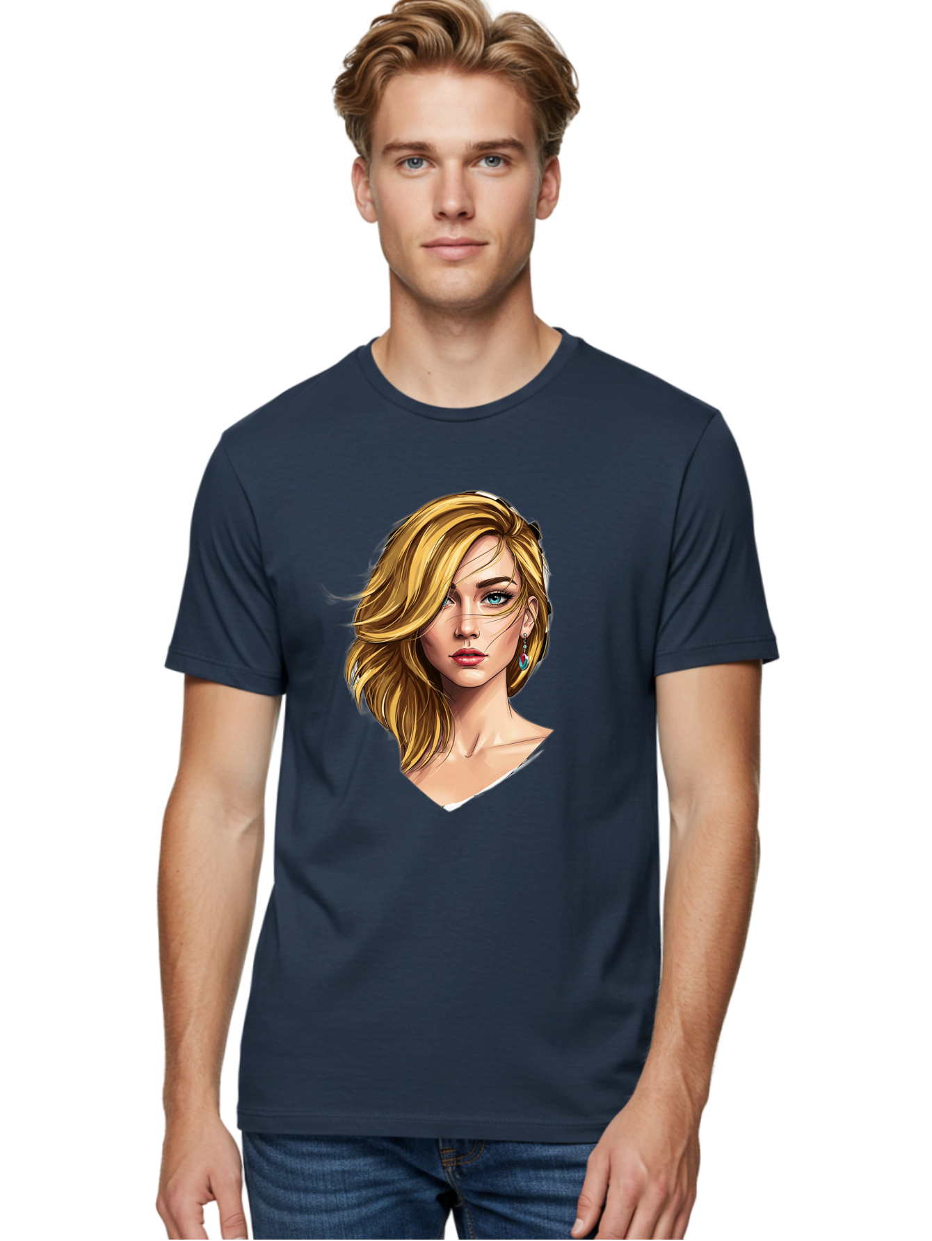 Blonde-Woman-Portrait-1 Men'S Graphic Tee, 100% Cotton, Comfortable Casual Summer Wear, Machine Washable, Blonde Woman, Blue Eyes, Red Lips, Earrings, Portrait Illustration, Digital Art, Fashion Model, Beauty, Glamour, Stylish Hair, Bac638