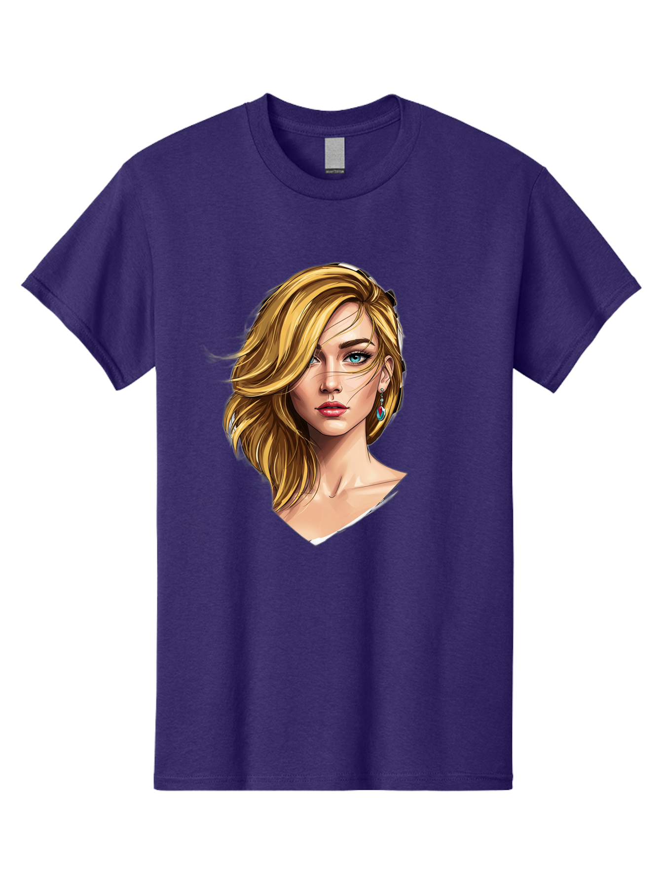 Blonde-Woman-Portrait-1 Men'S Graphic Tee, 100% Cotton, Comfortable Casual Summer Wear, Machine Washable, Blonde Woman, Blue Eyes, Red Lips, Earrings, Portrait Illustration, Digital Art, Fashion Model, Beauty, Glamour, Stylish Hair, Bac638