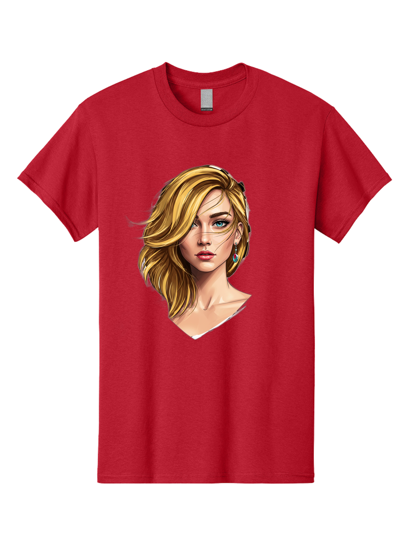 Blonde-Woman-Portrait-1 Men'S Graphic Tee, 100% Cotton, Comfortable Casual Summer Wear, Machine Washable, Blonde Woman, Blue Eyes, Red Lips, Earrings, Portrait Illustration, Digital Art, Fashion Model, Beauty, Glamour, Stylish Hair, Bac638