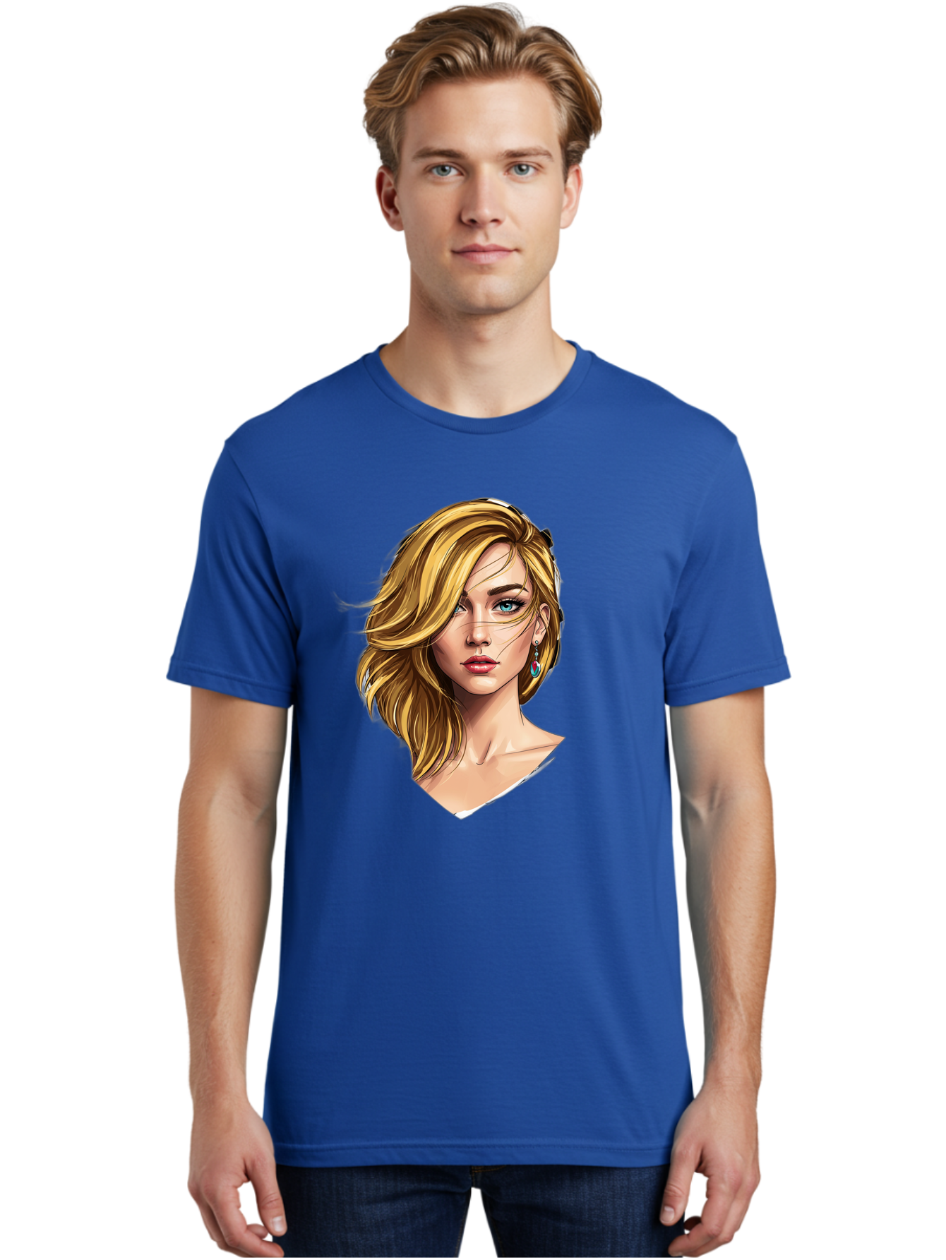 Blonde-Woman-Portrait-1 Men'S Graphic Tee, 100% Cotton, Comfortable Casual Summer Wear, Machine Washable, Blonde Woman, Blue Eyes, Red Lips, Earrings, Portrait Illustration, Digital Art, Fashion Model, Beauty, Glamour, Stylish Hair, Bac638