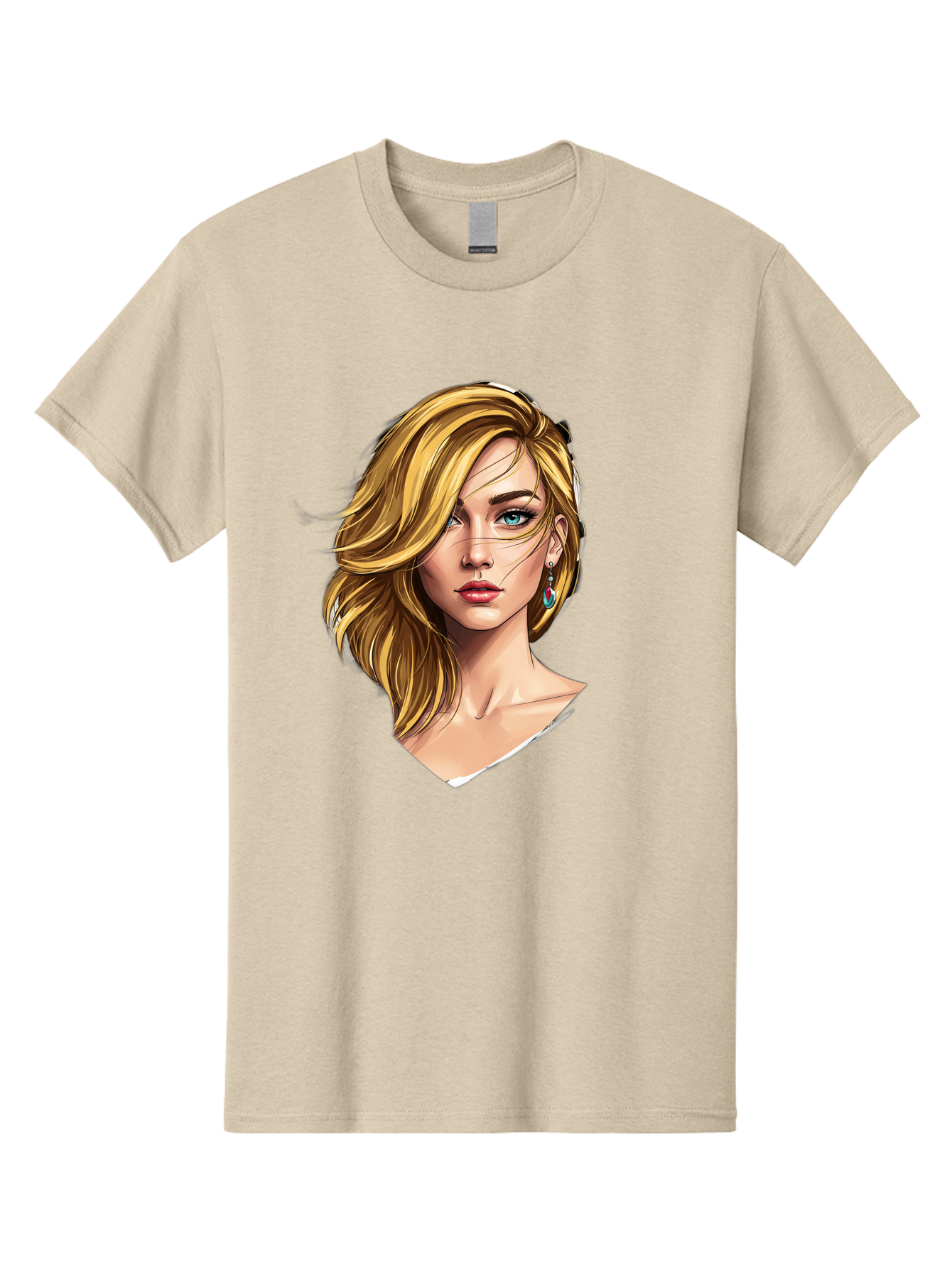 Blonde-Woman-Portrait-1 Men'S Graphic Tee, 100% Cotton, Comfortable Casual Summer Wear, Machine Washable, Blonde Woman, Blue Eyes, Red Lips, Earrings, Portrait Illustration, Digital Art, Fashion Model, Beauty, Glamour, Stylish Hair, Bac638