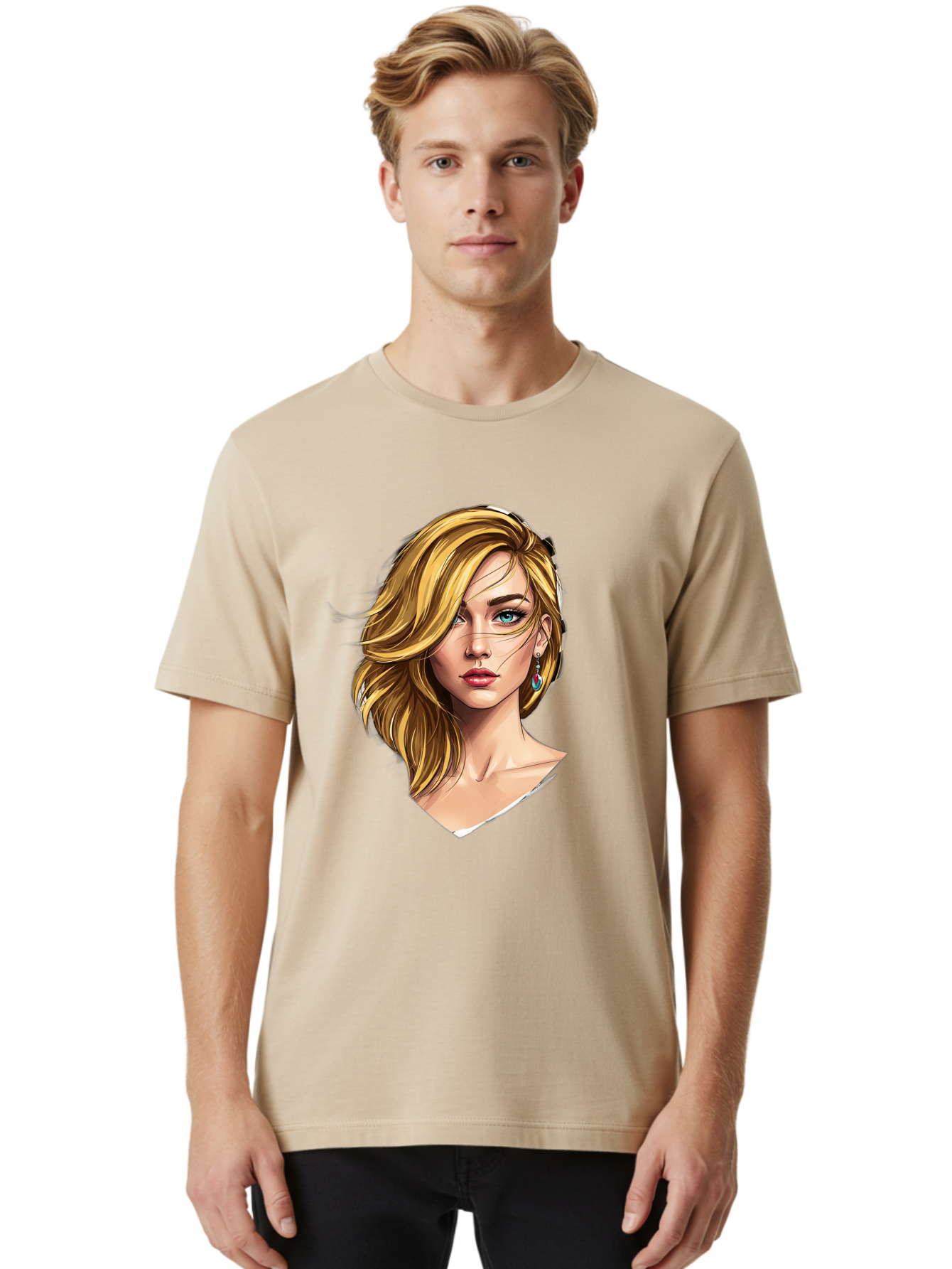 Blonde-Woman-Portrait-1 Men'S Graphic Tee, 100% Cotton, Comfortable Casual Summer Wear, Machine Washable, Blonde Woman, Blue Eyes, Red Lips, Earrings, Portrait Illustration, Digital Art, Fashion Model, Beauty, Glamour, Stylish Hair, Bac638