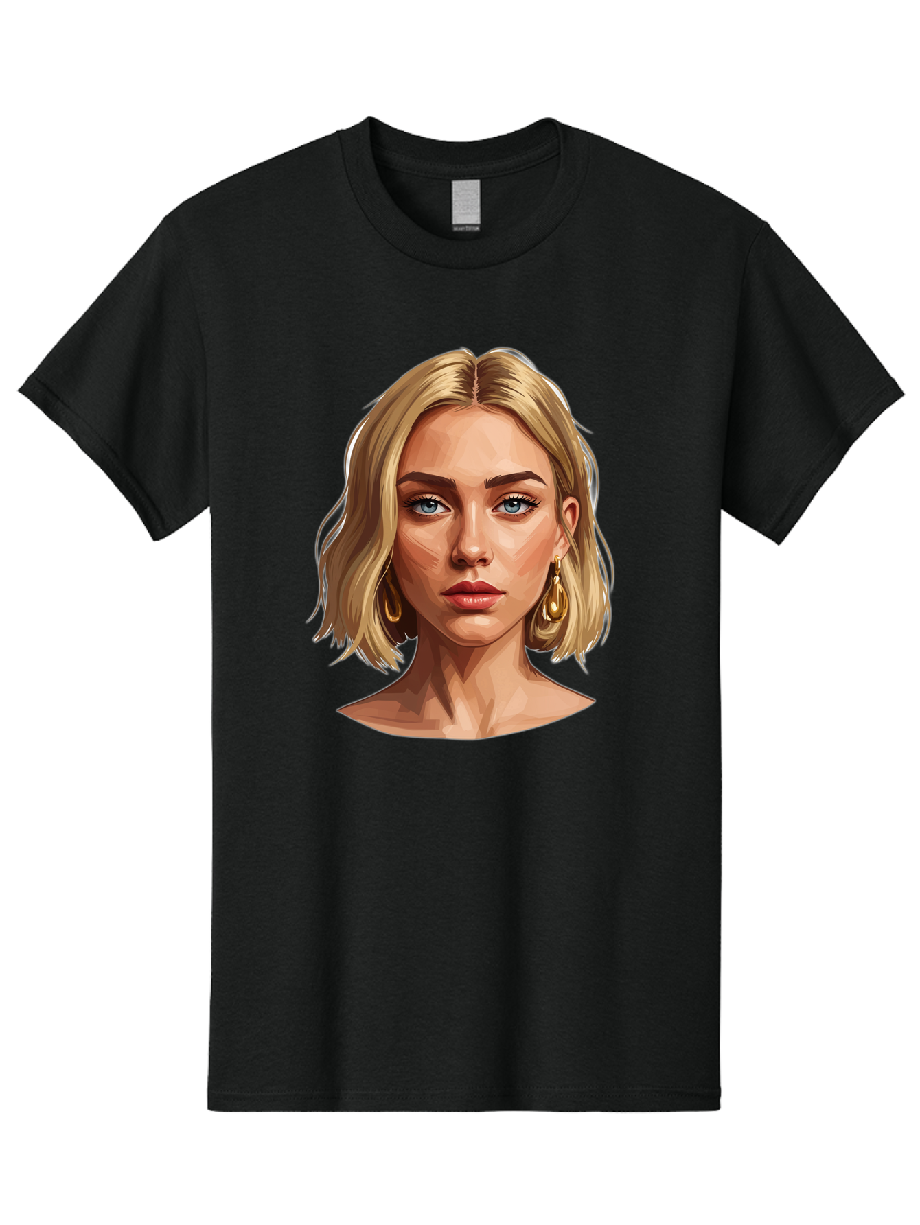 Blonde-Woman-Portrait-2 Men'S Graphic Tee, 100% Cotton, Comfortable Casual Summer Wear, Machine Washable, Blonde Woman, Blue Eyes, Gold Earrings, Digital Illustration, Portrait, Beauty, Fashion, Modern Style, Chic Look Bac639