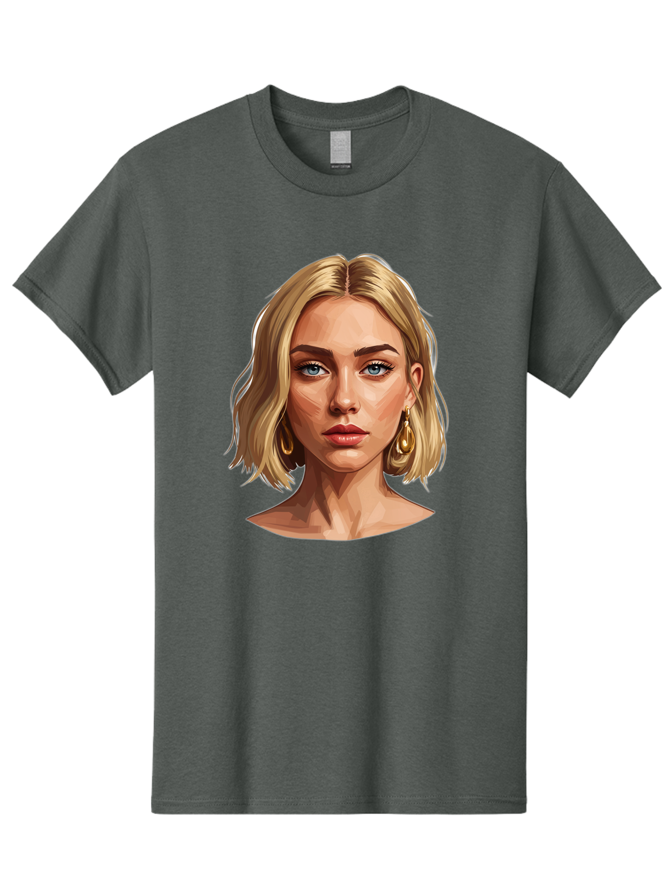 Blonde-Woman-Portrait-2 Men'S Graphic Tee, 100% Cotton, Comfortable Casual Summer Wear, Machine Washable, Blonde Woman, Blue Eyes, Gold Earrings, Digital Illustration, Portrait, Beauty, Fashion, Modern Style, Chic Look Bac639