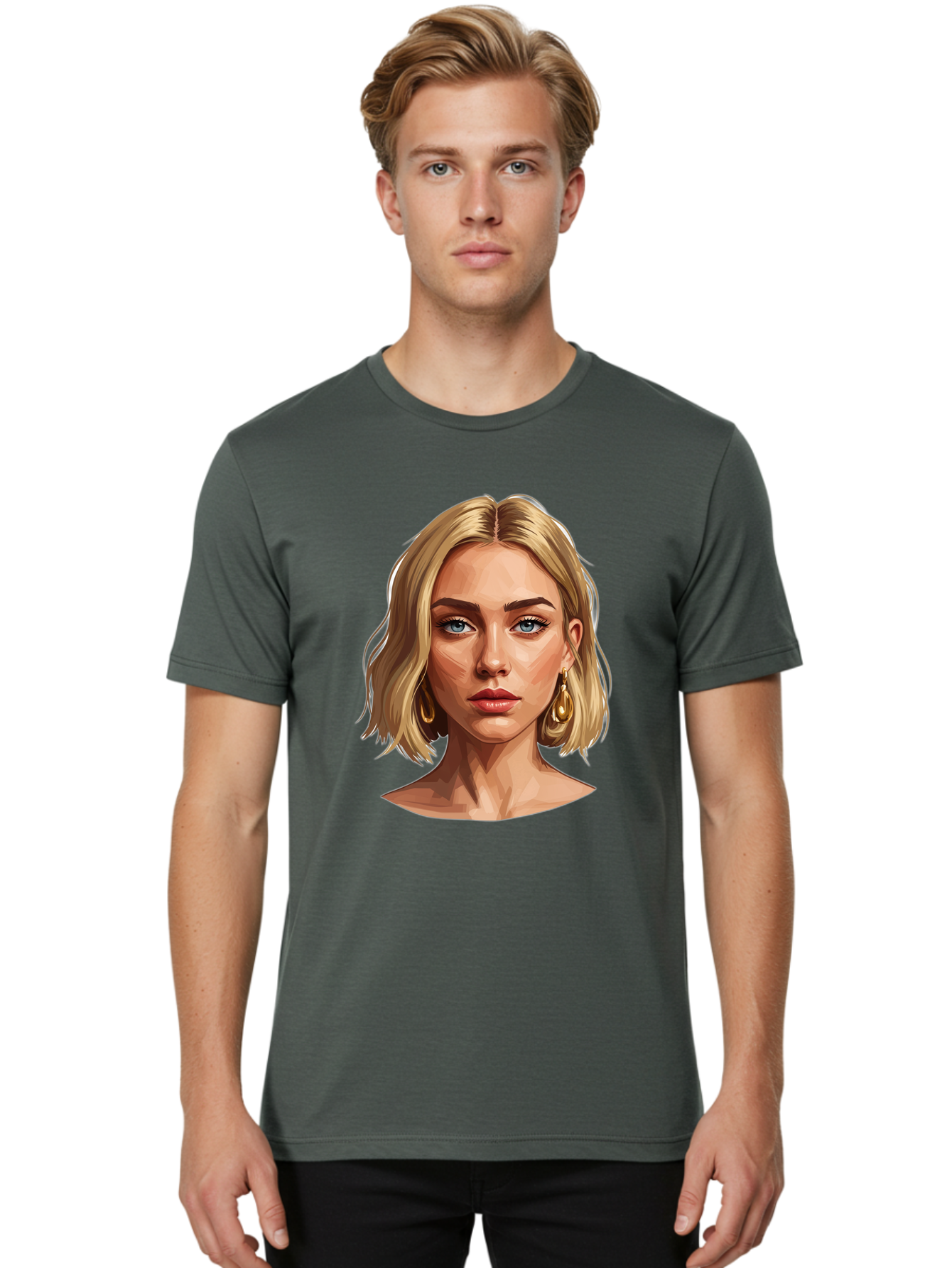 Blonde-Woman-Portrait-2 Men'S Graphic Tee, 100% Cotton, Comfortable Casual Summer Wear, Machine Washable, Blonde Woman, Blue Eyes, Gold Earrings, Digital Illustration, Portrait, Beauty, Fashion, Modern Style, Chic Look Bac639