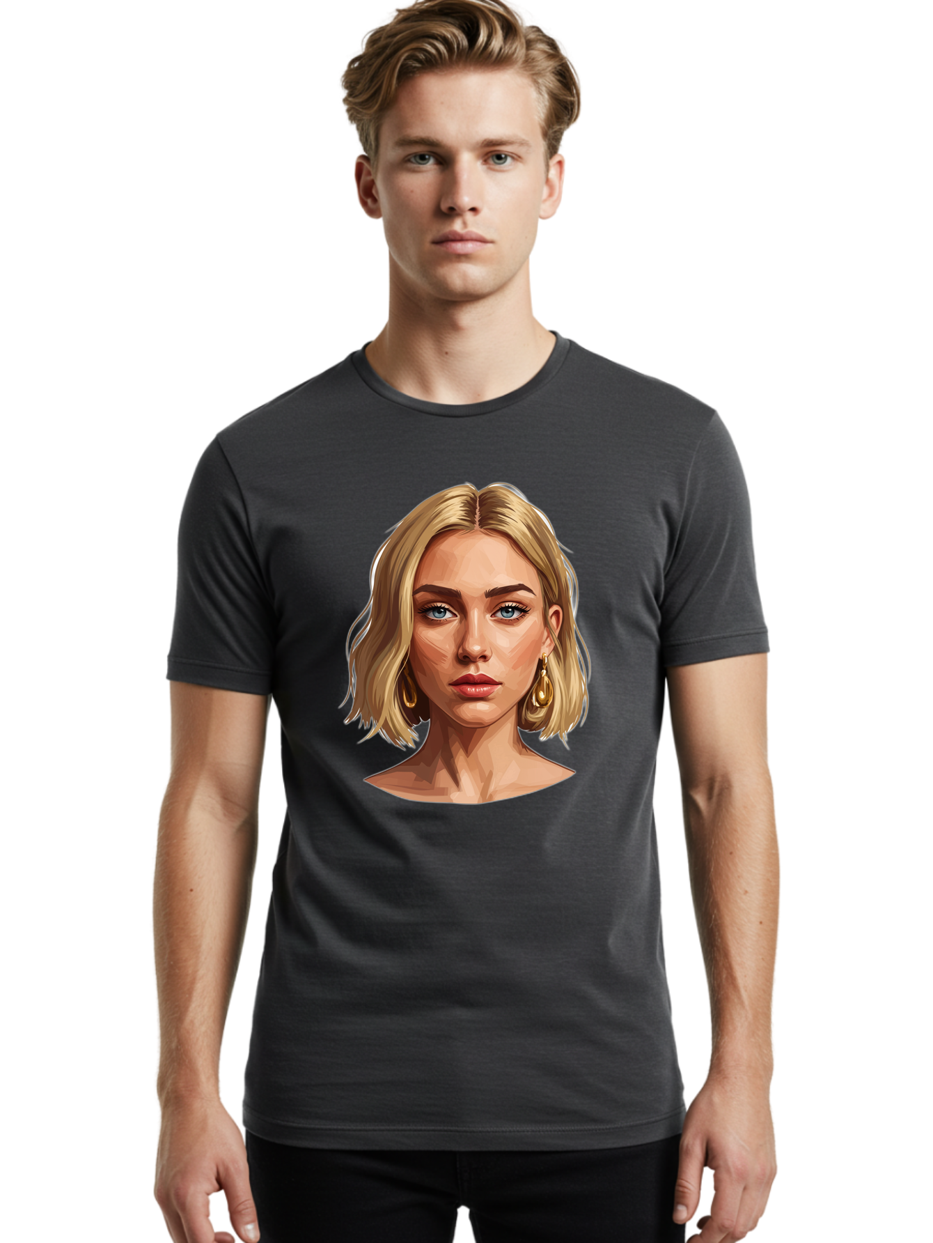 Blonde-Woman-Portrait-2 Men'S Graphic Tee, 100% Cotton, Comfortable Casual Summer Wear, Machine Washable, Blonde Woman, Blue Eyes, Gold Earrings, Digital Illustration, Portrait, Beauty, Fashion, Modern Style, Chic Look Bac639