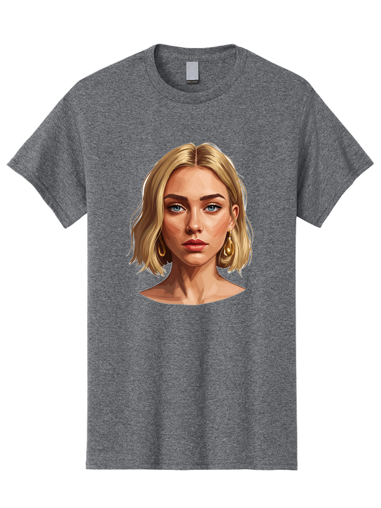 Blonde-Woman-Portrait-2 Men'S Graphic Tee, 100% Cotton, Comfortable Casual Summer Wear, Machine Washable, Blonde Woman, Blue Eyes, Gold Earrings, Digital Illustration, Portrait, Beauty, Fashion, Modern Style, Chic Look Bac639