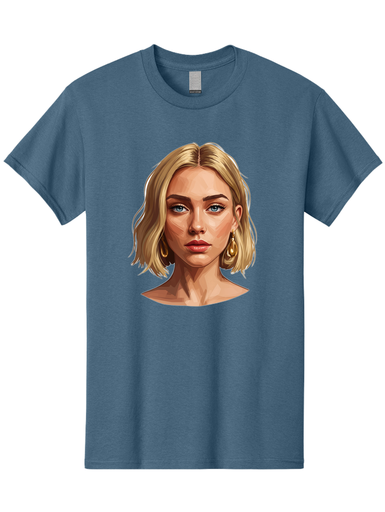 Blonde-Woman-Portrait-2 Men'S Graphic Tee, 100% Cotton, Comfortable Casual Summer Wear, Machine Washable, Blonde Woman, Blue Eyes, Gold Earrings, Digital Illustration, Portrait, Beauty, Fashion, Modern Style, Chic Look Bac639