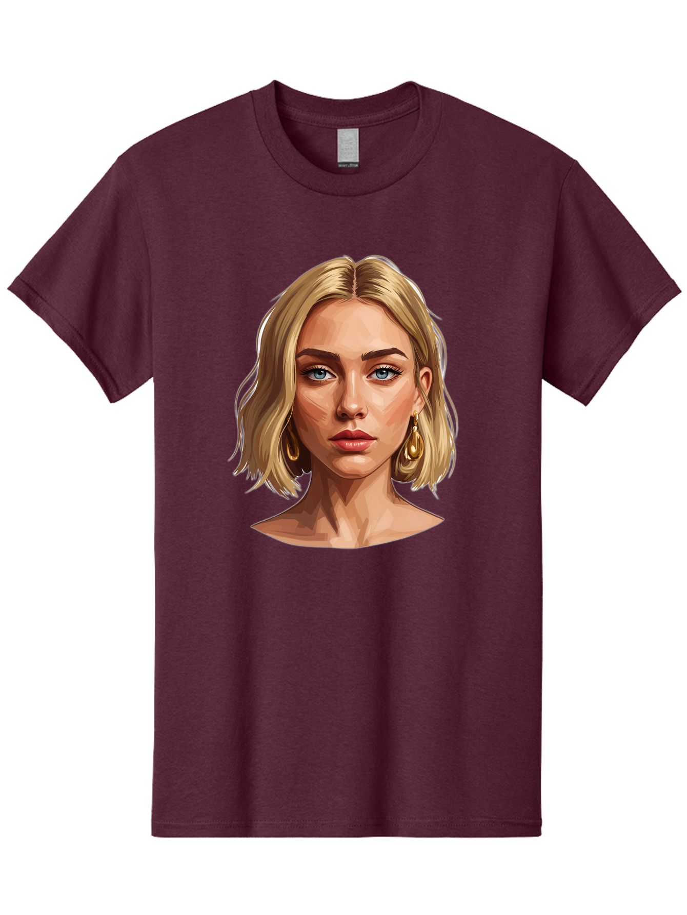 Blonde-Woman-Portrait-2 Men'S Graphic Tee, 100% Cotton, Comfortable Casual Summer Wear, Machine Washable, Blonde Woman, Blue Eyes, Gold Earrings, Digital Illustration, Portrait, Beauty, Fashion, Modern Style, Chic Look Bac639