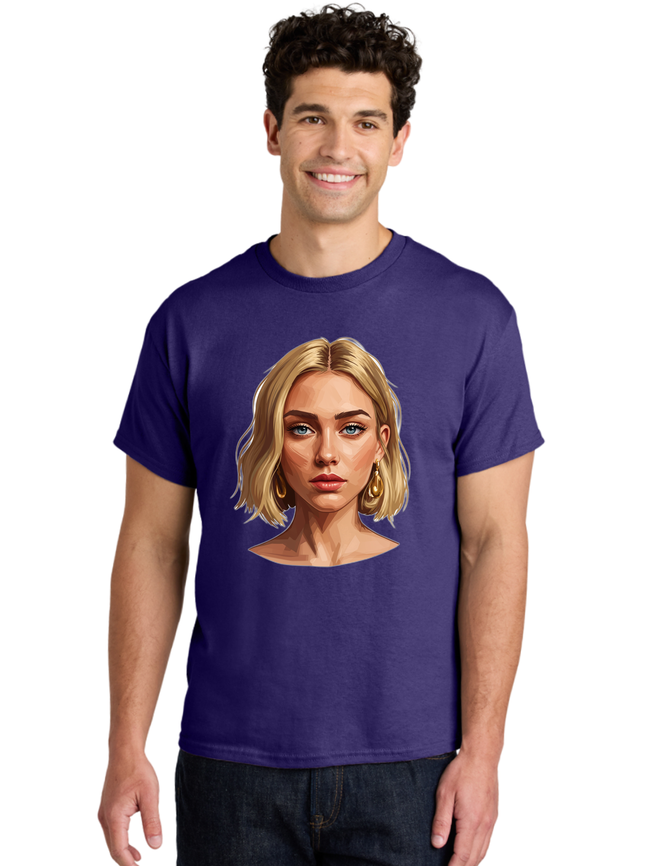 Blonde-Woman-Portrait-2 Men'S Graphic Tee, 100% Cotton, Comfortable Casual Summer Wear, Machine Washable, Blonde Woman, Blue Eyes, Gold Earrings, Digital Illustration, Portrait, Beauty, Fashion, Modern Style, Chic Look Bac639