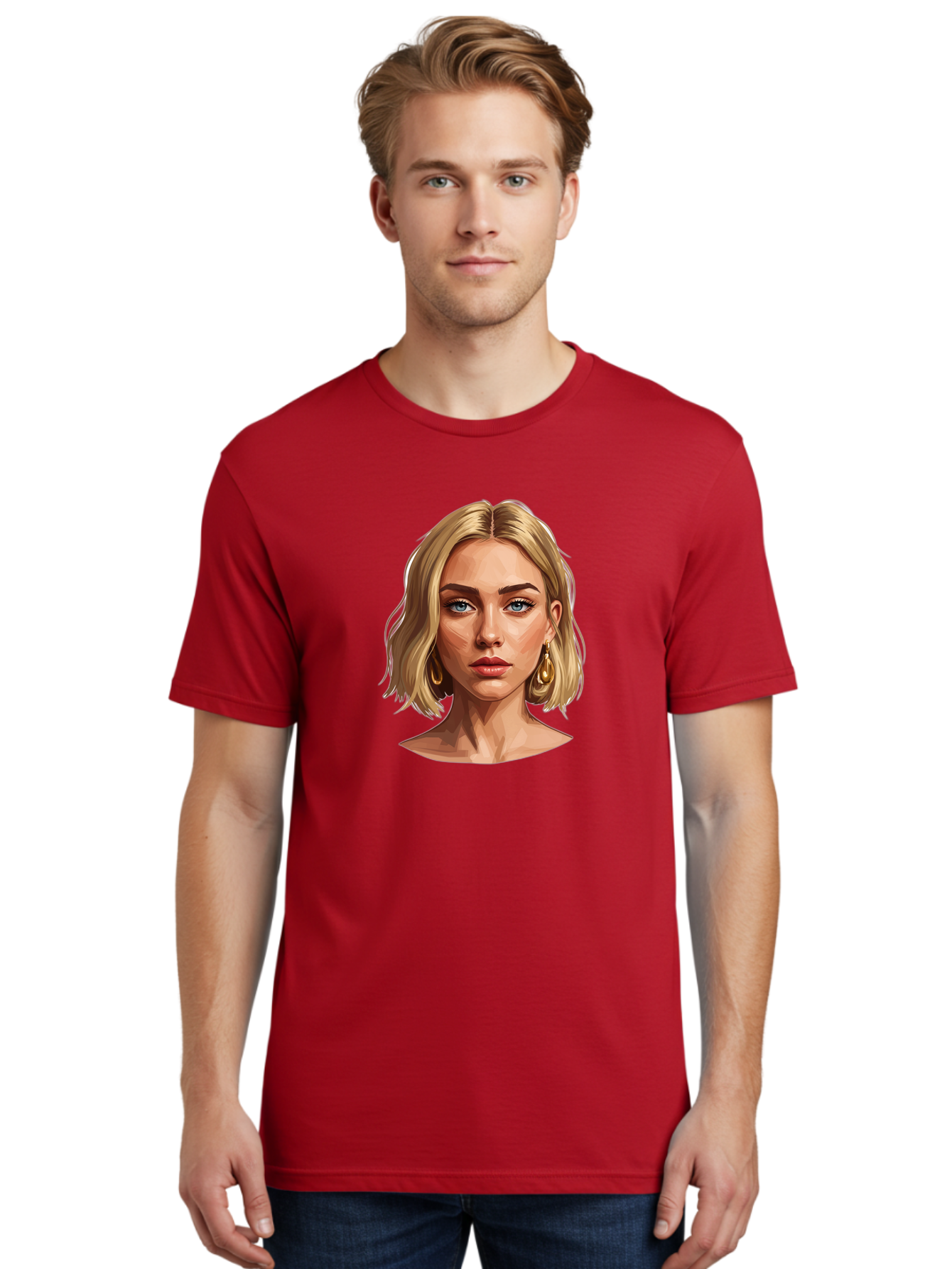 Blonde-Woman-Portrait-2 Men'S Graphic Tee, 100% Cotton, Comfortable Casual Summer Wear, Machine Washable, Blonde Woman, Blue Eyes, Gold Earrings, Digital Illustration, Portrait, Beauty, Fashion, Modern Style, Chic Look Bac639