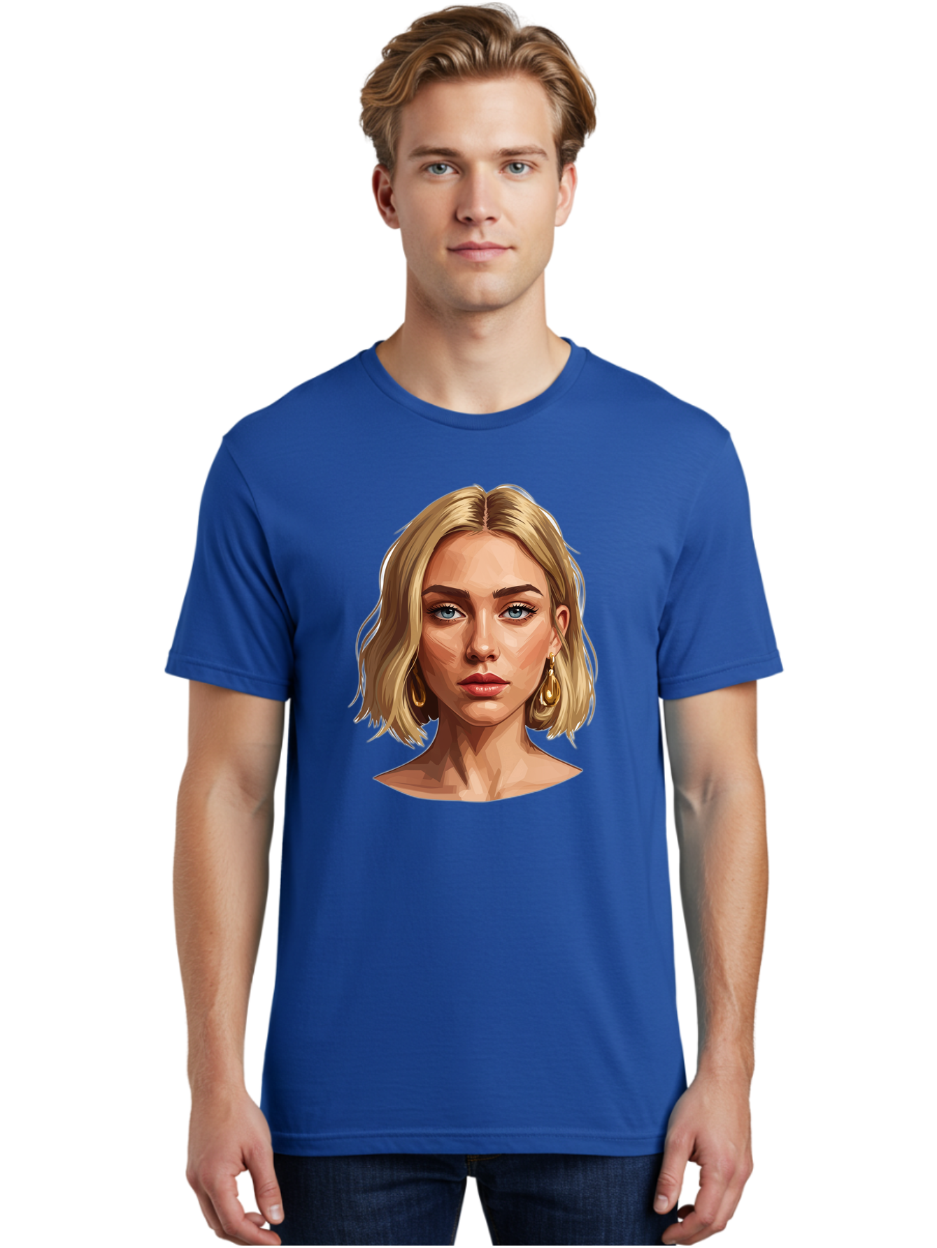 Blonde-Woman-Portrait-2 Men'S Graphic Tee, 100% Cotton, Comfortable Casual Summer Wear, Machine Washable, Blonde Woman, Blue Eyes, Gold Earrings, Digital Illustration, Portrait, Beauty, Fashion, Modern Style, Chic Look Bac639