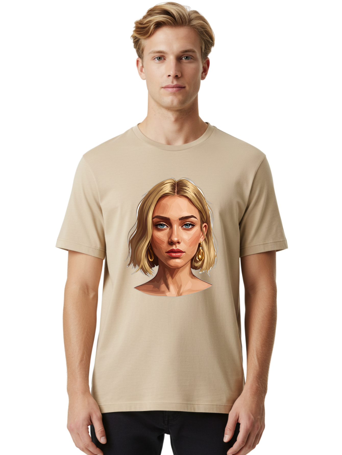 Blonde-Woman-Portrait-2 Men'S Graphic Tee, 100% Cotton, Comfortable Casual Summer Wear, Machine Washable, Blonde Woman, Blue Eyes, Gold Earrings, Digital Illustration, Portrait, Beauty, Fashion, Modern Style, Chic Look Bac639