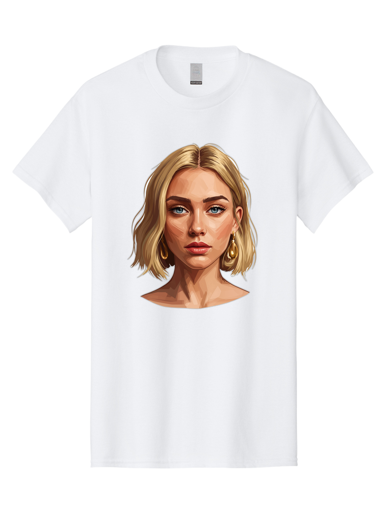 Blonde-Woman-Portrait-2 Men'S Graphic Tee, 100% Cotton, Comfortable Casual Summer Wear, Machine Washable, Blonde Woman, Blue Eyes, Gold Earrings, Digital Illustration, Portrait, Beauty, Fashion, Modern Style, Chic Look Bac639