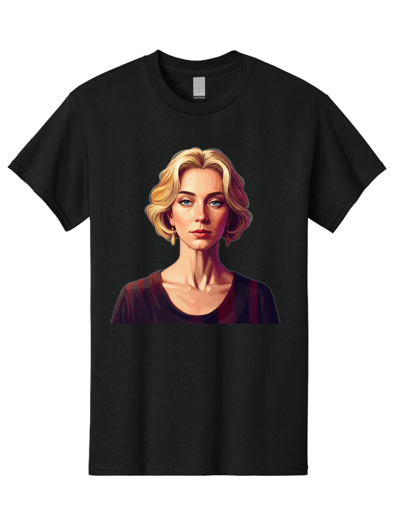 Blonde-Woman-Portrait Men'S Graphic Tee, 100% Cotton, Comfortable Casual Summer Wear, Machine Washable, Woman With Blonde Hair, Blue Eyes, Red Lips, Gold Earrings, Dark Red Top, Neck Wrinkles, Digital Art, Portrait, Fashion Illustration, Bac640